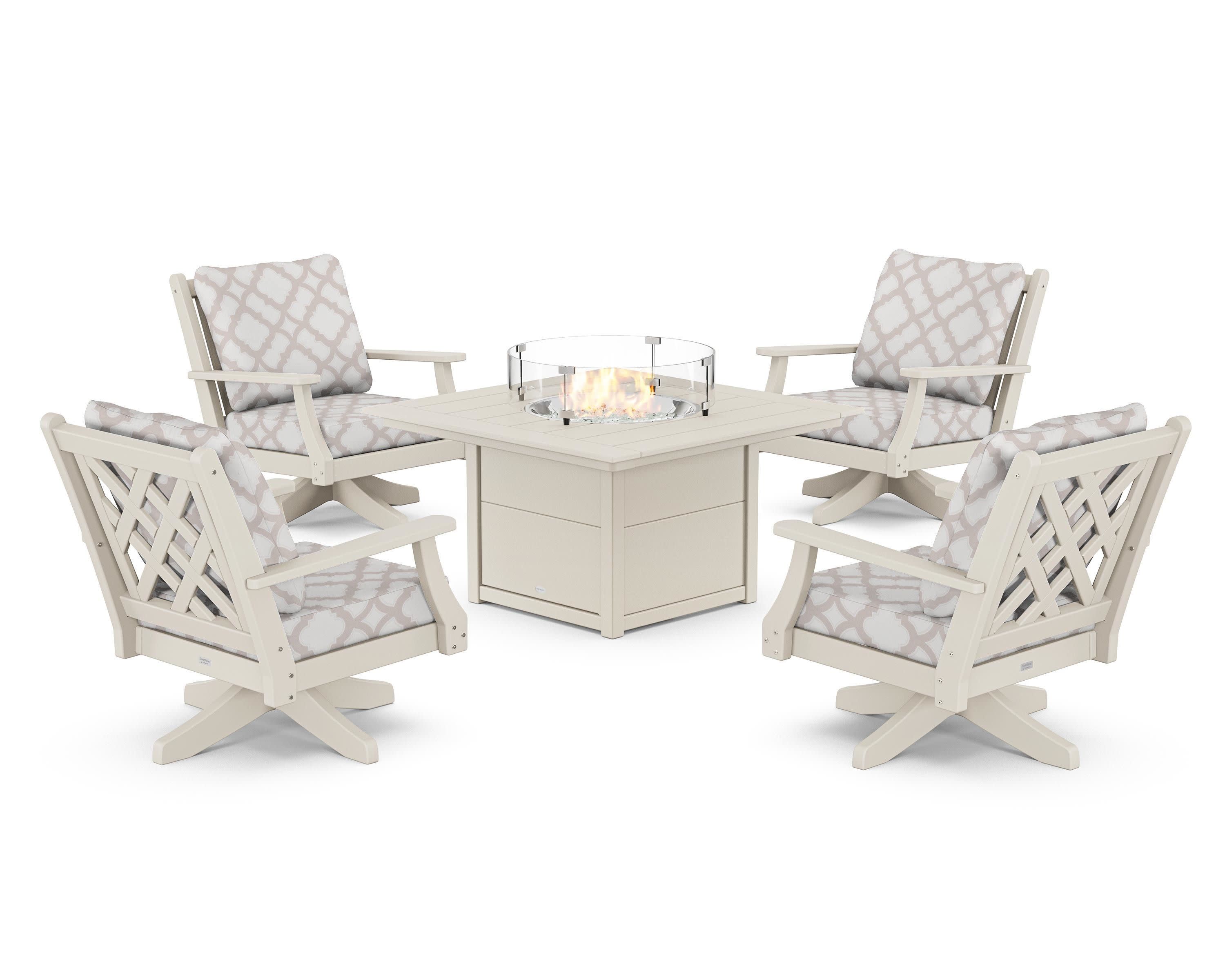Wovendale 5-Piece Deep Seating Swivel Conversation Set with Fire Pit Table in Sand / Trellis Dune Burlap