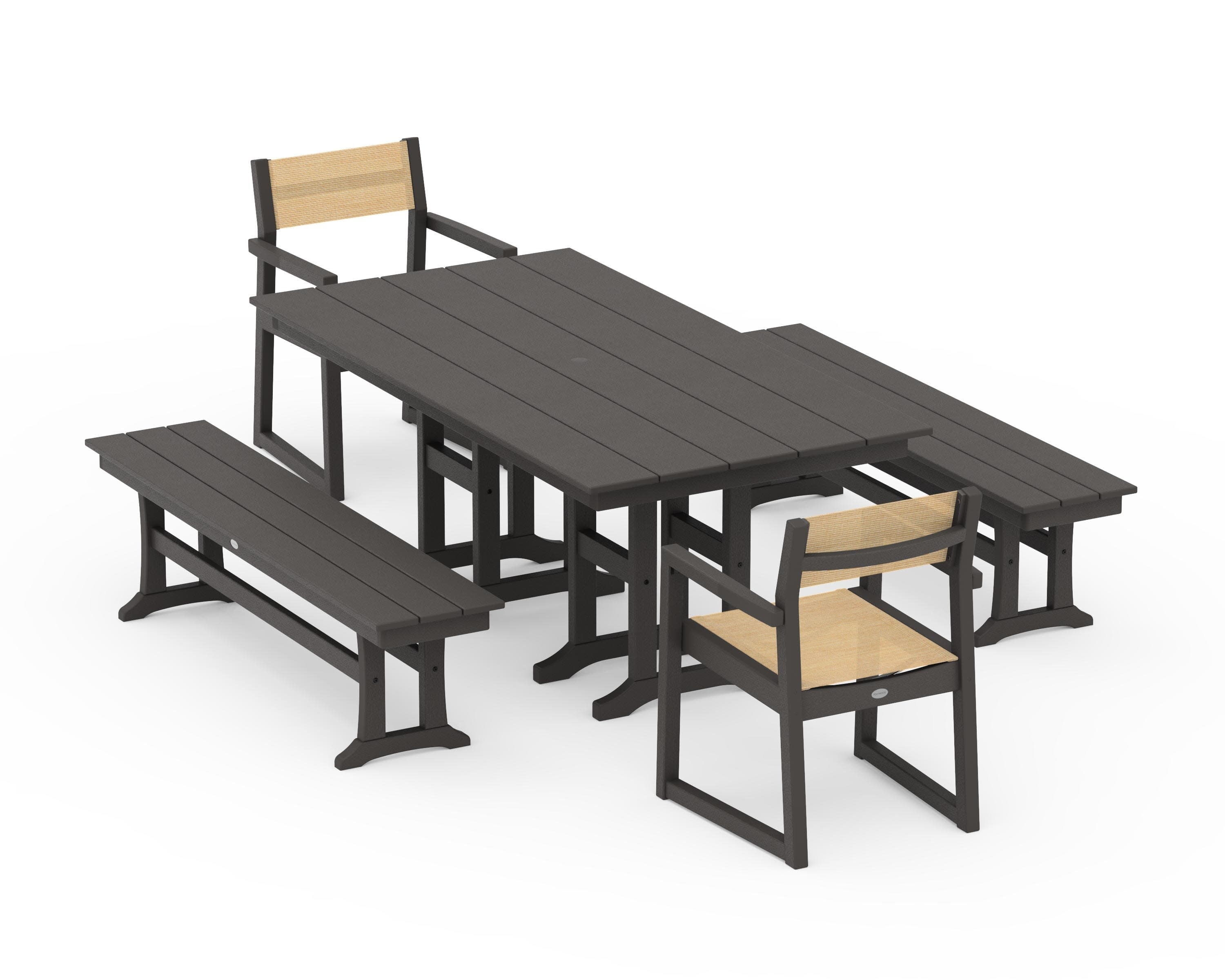 EDGE Sling Arm Chair 5-Piece Farmhouse Dining Set with Benches in Vintage Coffee / Dupioni Apricot Sling