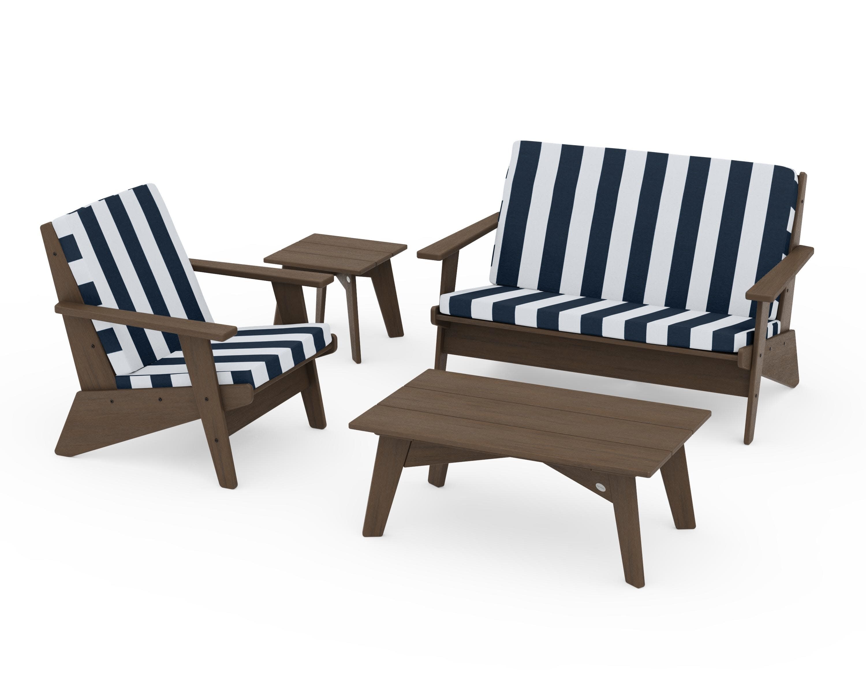 Riviera Modern Lounge 4-Piece Set in Kona / Cabana Stripe Marine Indigo