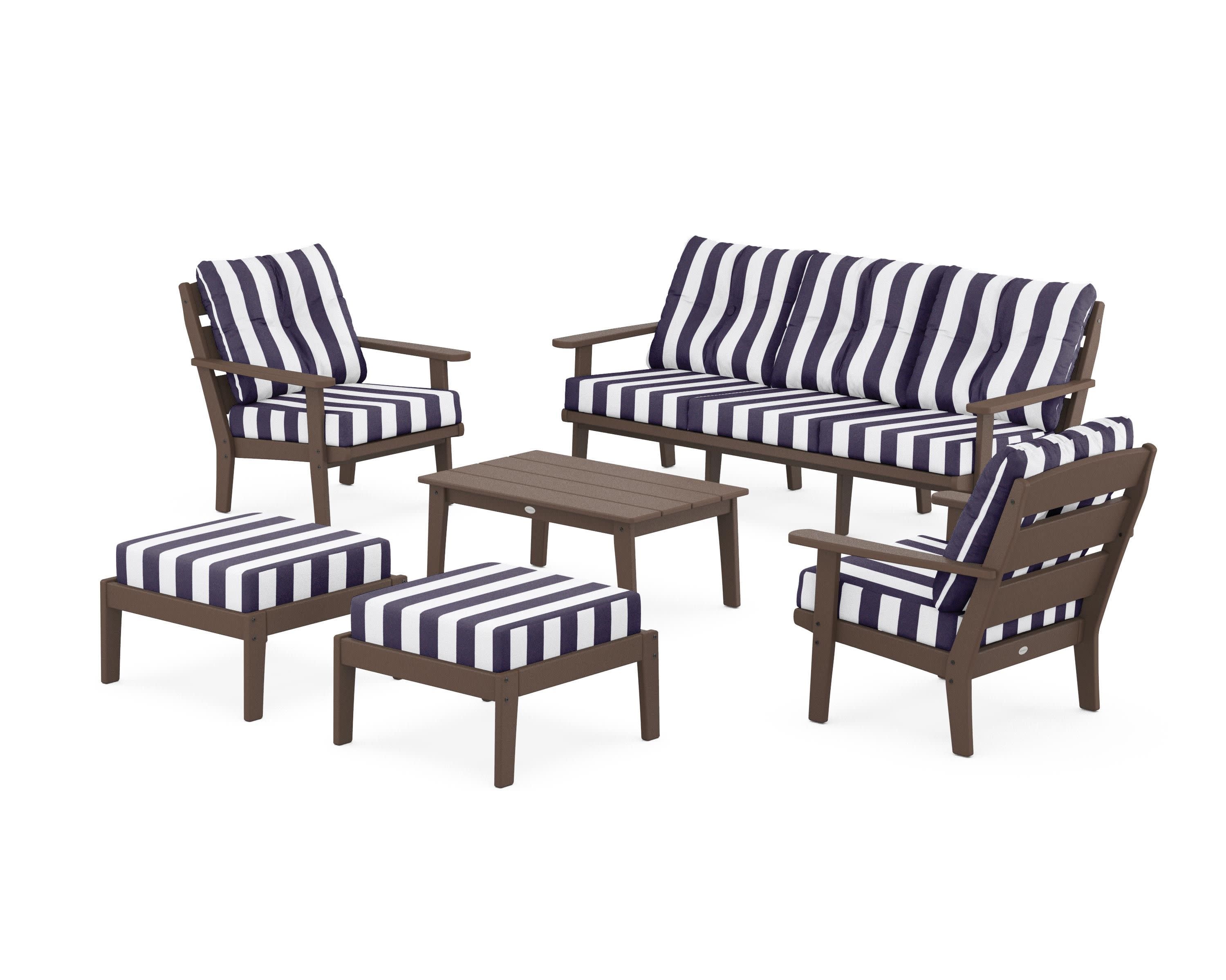 Lakeside 6-Piece Lounge Sofa Set in Mahogany / Cabana Stripe Navy