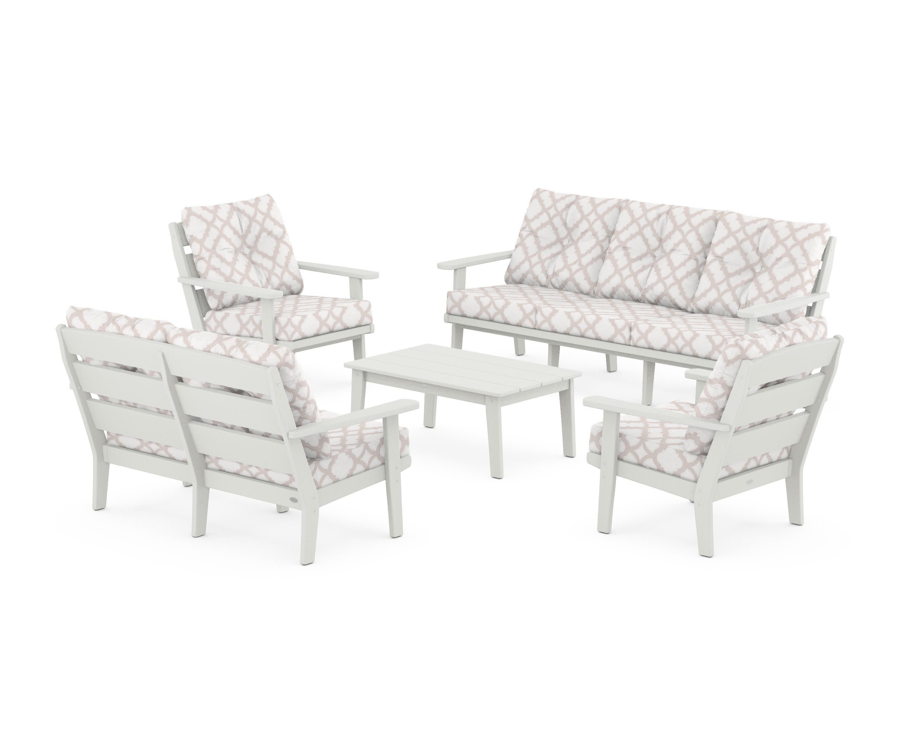 Lakeside 5-Piece Lounge Sofa Set in Vintage White / Trellis Dune Burlap