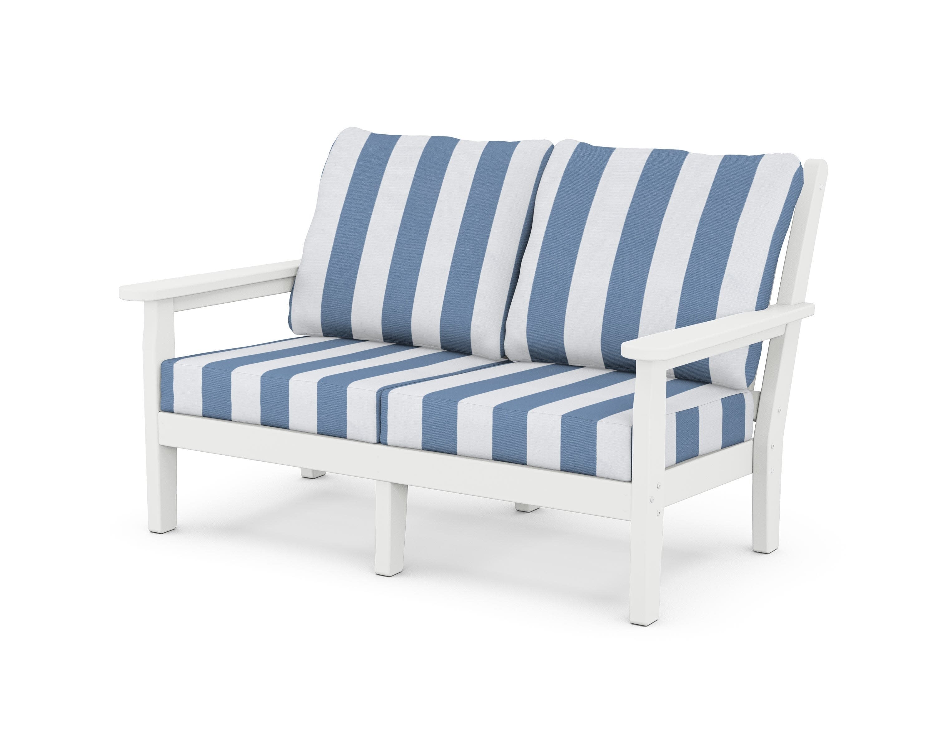 Chippendale Deep Seating Loveseat in White / Cabana Stripe Sky Blue