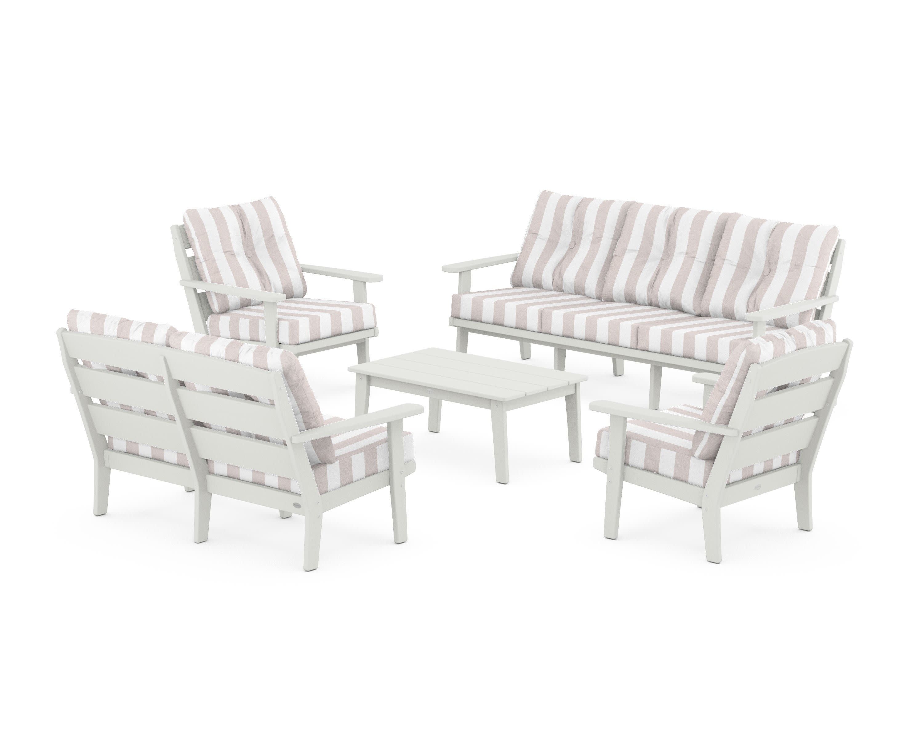 Lakeside 5-Piece Lounge Sofa Set in Vintage White / Cabana Stripe Dune Burlap