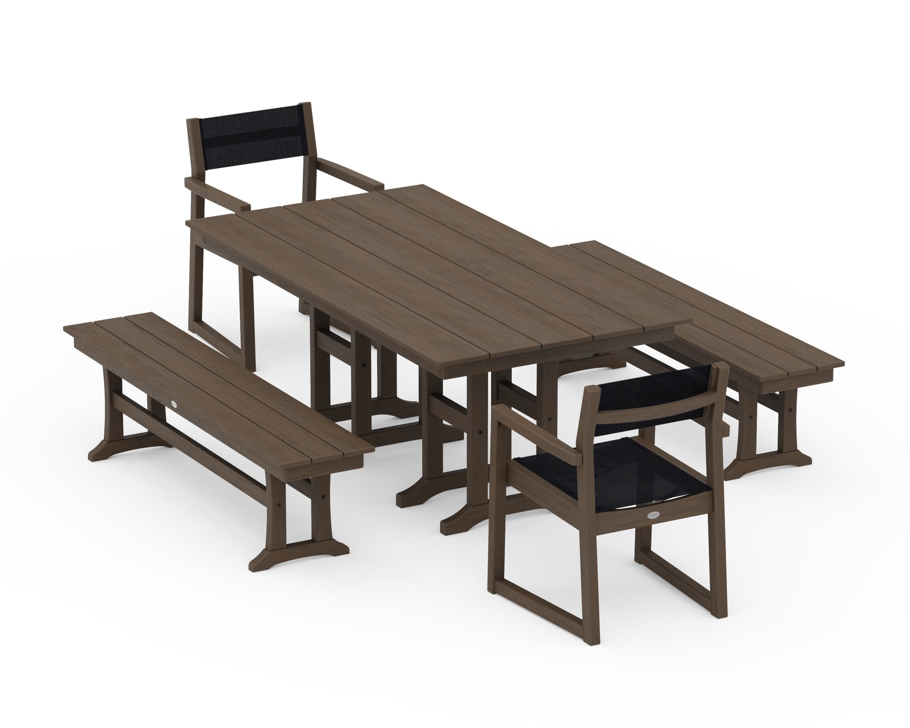 EDGE Sling Arm Chair 5-Piece Farmhouse Dining Set with Benches in Kona / Black Sling