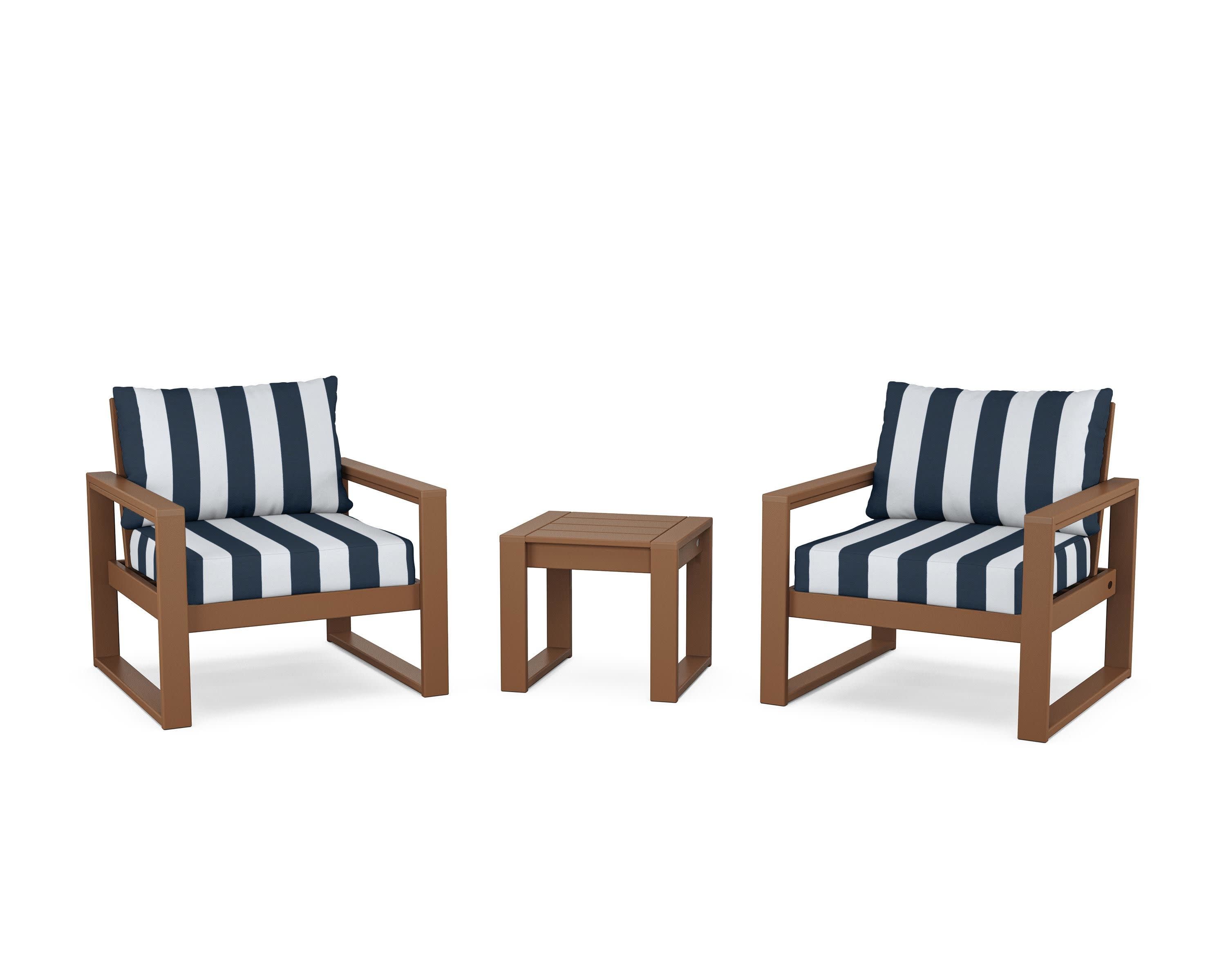 EDGE Sectional 3-Piece Deep Seating Set in Teak / Cabana Stripe Marine Indigo