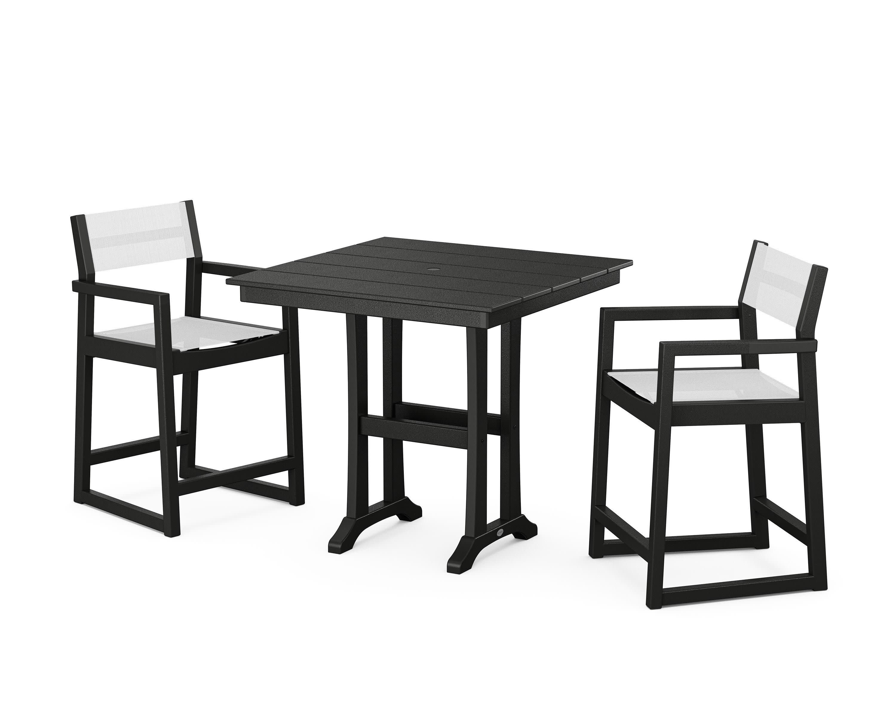 EDGE Sling Arm Chair 3-Piece Farmhouse Counter Set with Trestle Legs in Black / White Sling