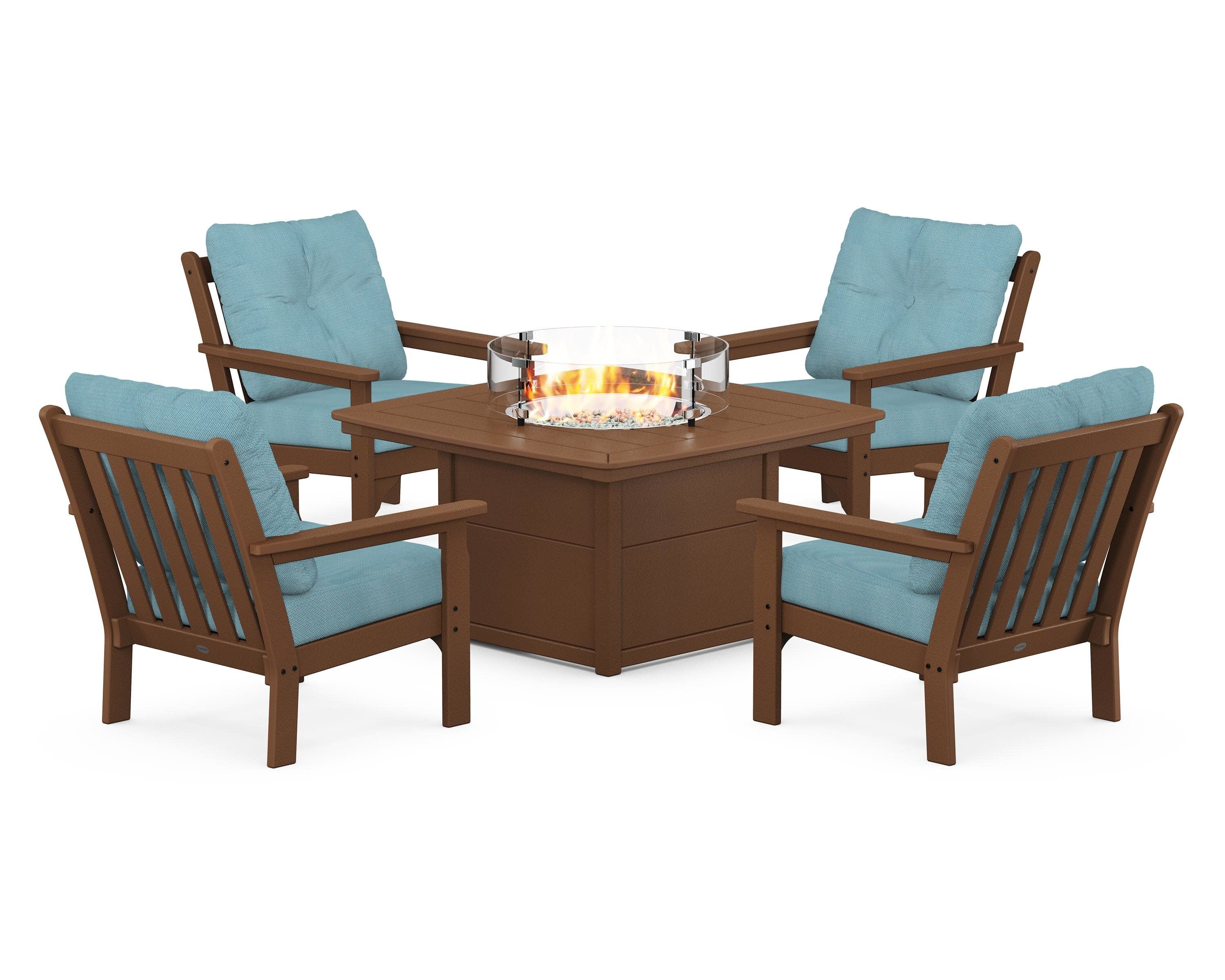 Vineyard 5-Piece Conversation Set with Fire Pit Table in Teak / Lattice Sky Blue