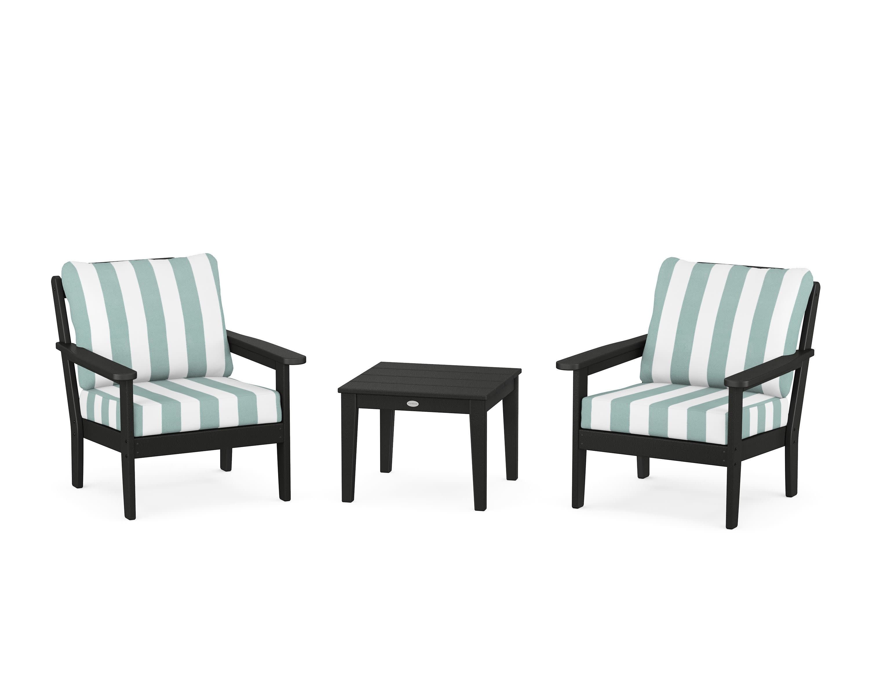 Cottage 3-Piece Deep Seating Set in Black / Cabana Stripe Glacier Spa