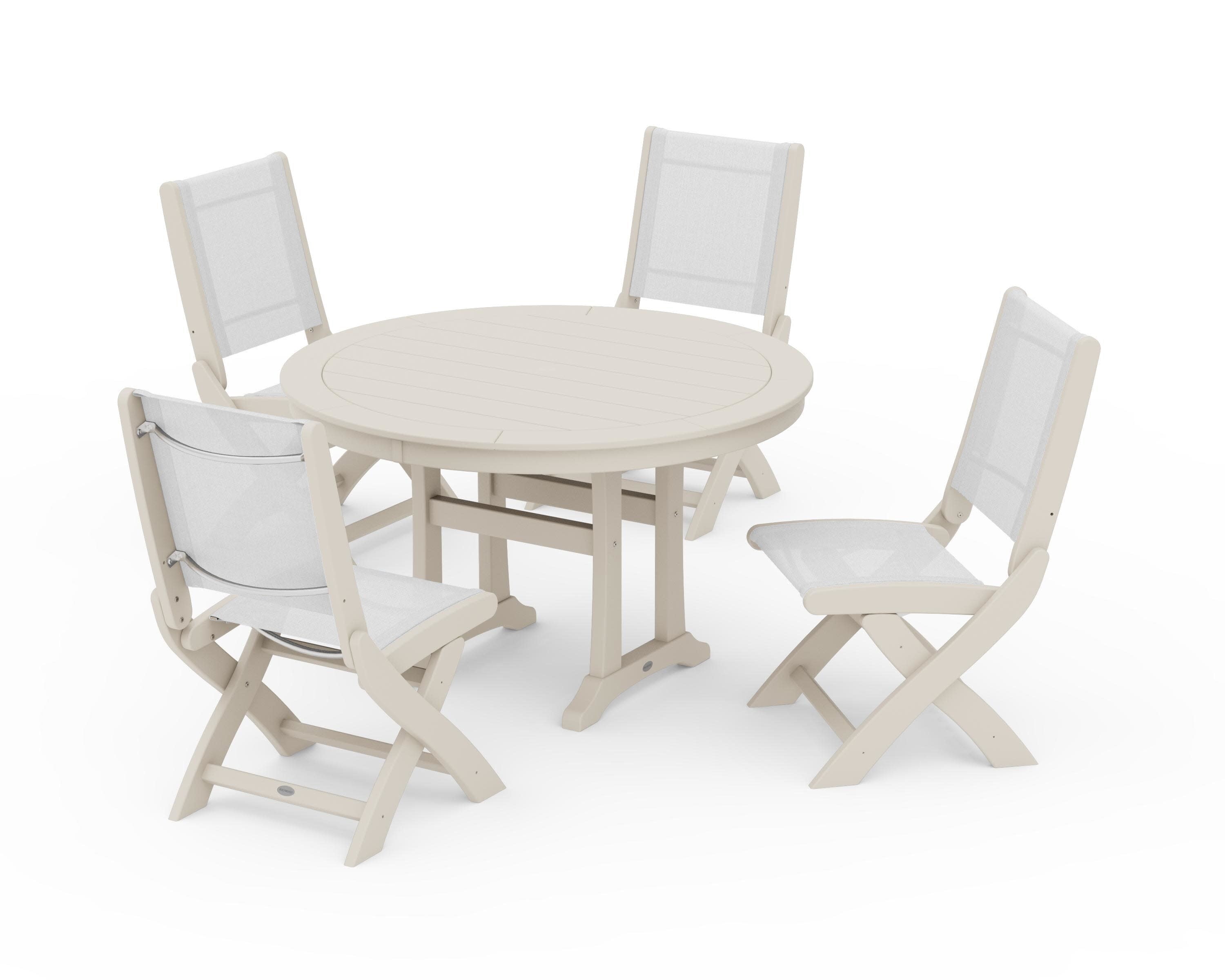 Coastal Folding Side Chair 5-Piece Round Dining Set With Trestle Legs in Sand / White Sling