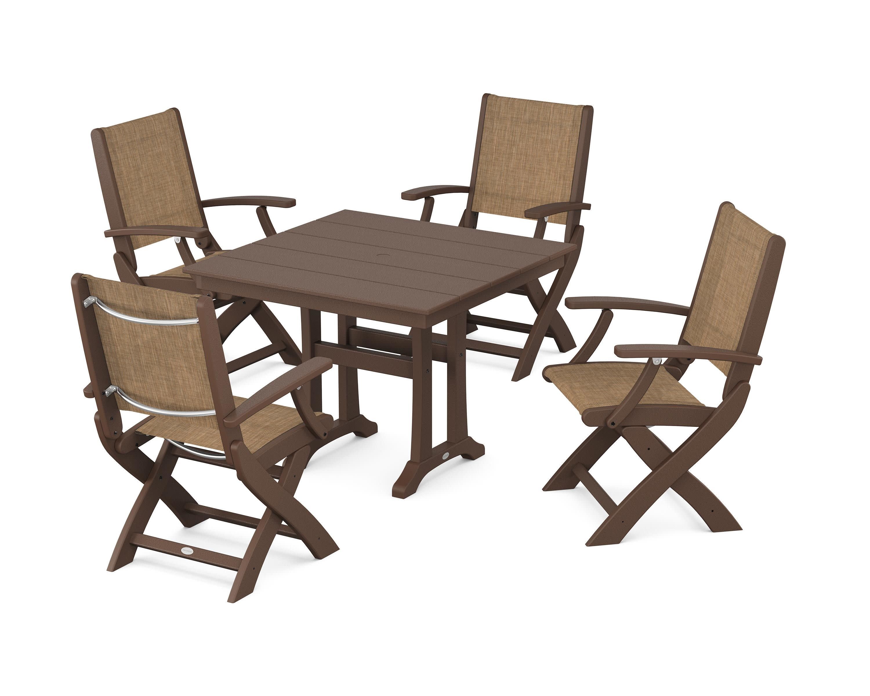 Coastal Folding Chair 5-Piece Farmhouse Dining Set With Trestle Legs in Mahogany / Burlap Sling