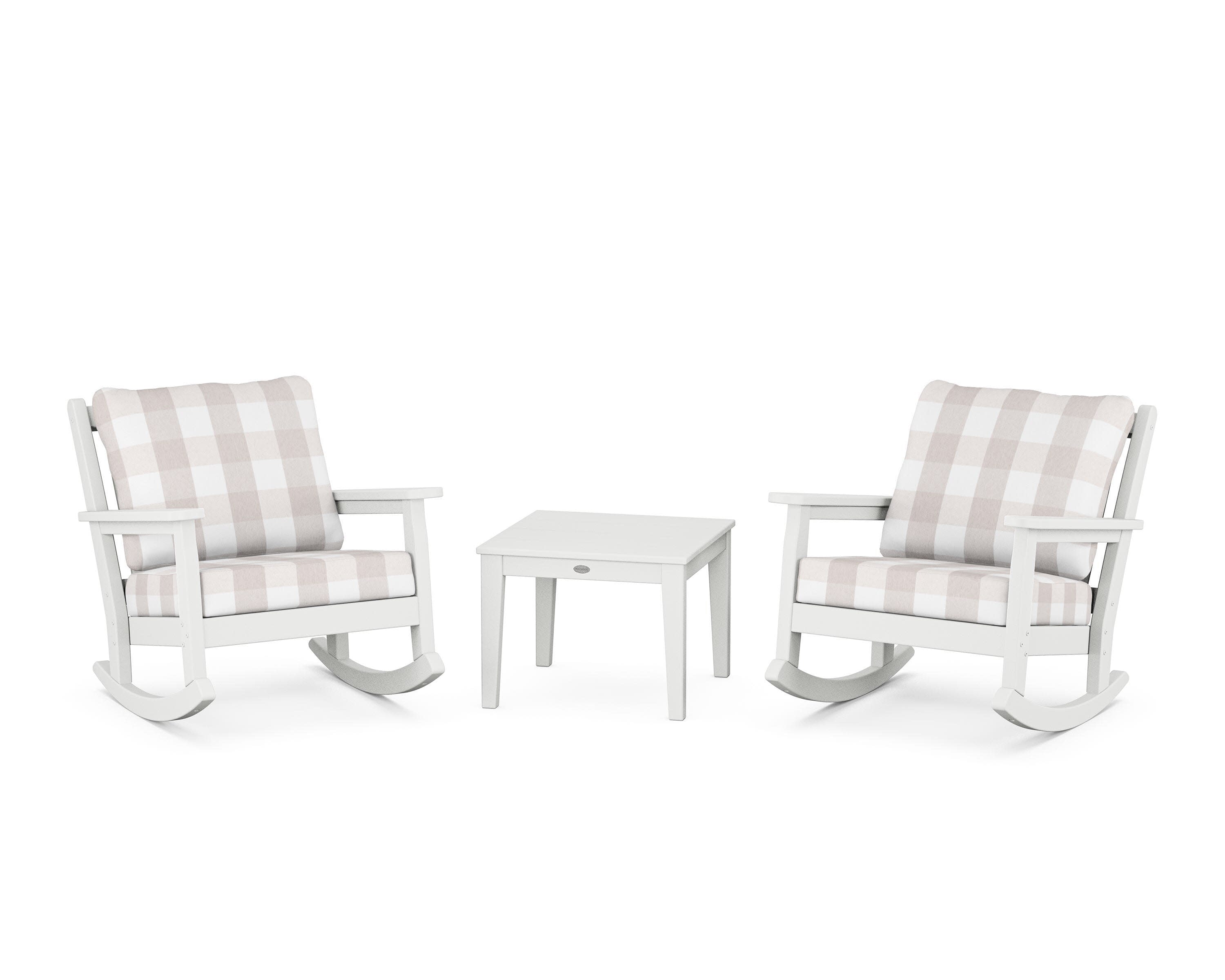 Chippendale 3-Piece Deep Seating Rocker Set in White / Buffalo Plaid Dune Burlap