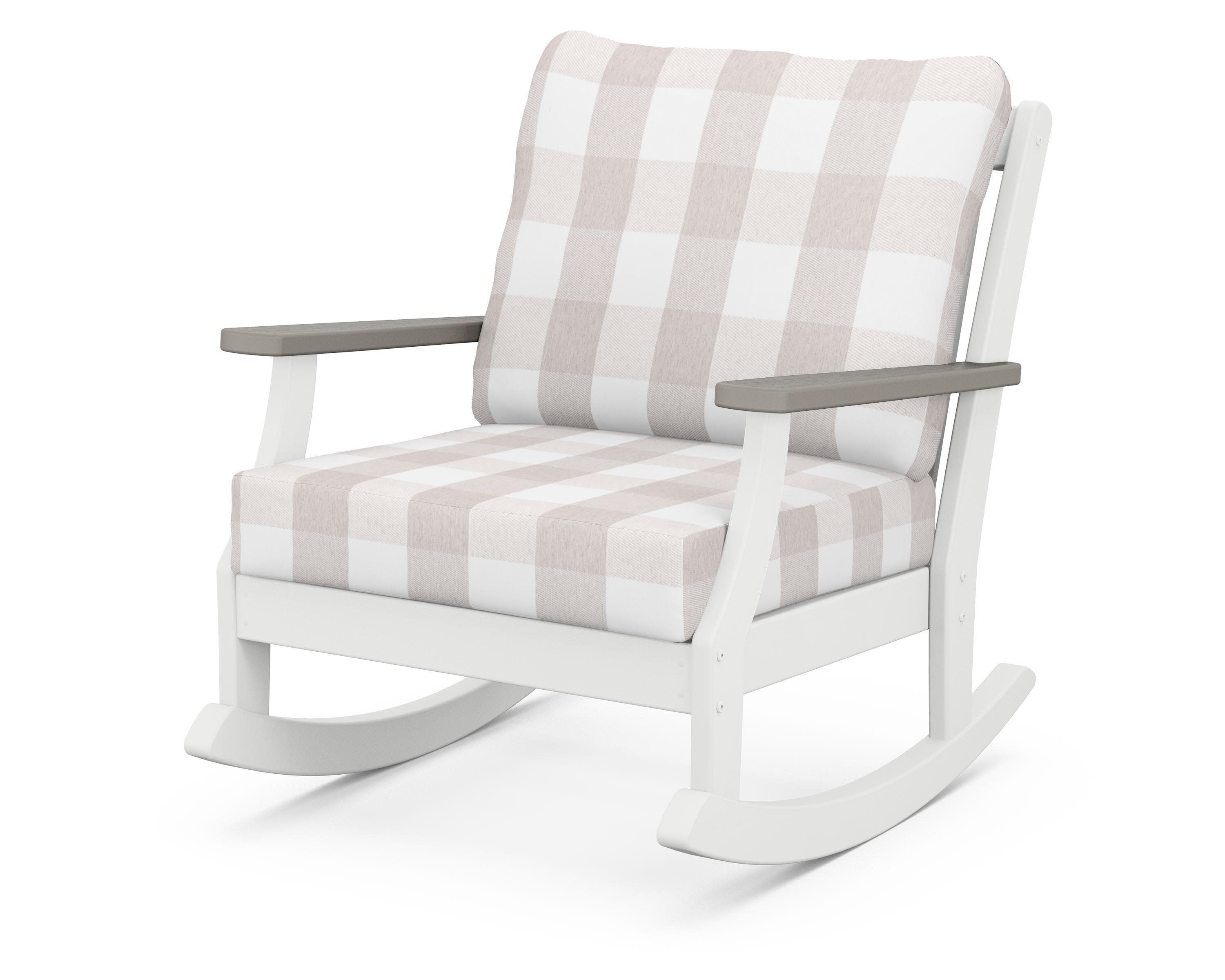 Braxton Deep Seating Rocking Chair in White / Driftwood / Buffalo Plaid Dune Burlap