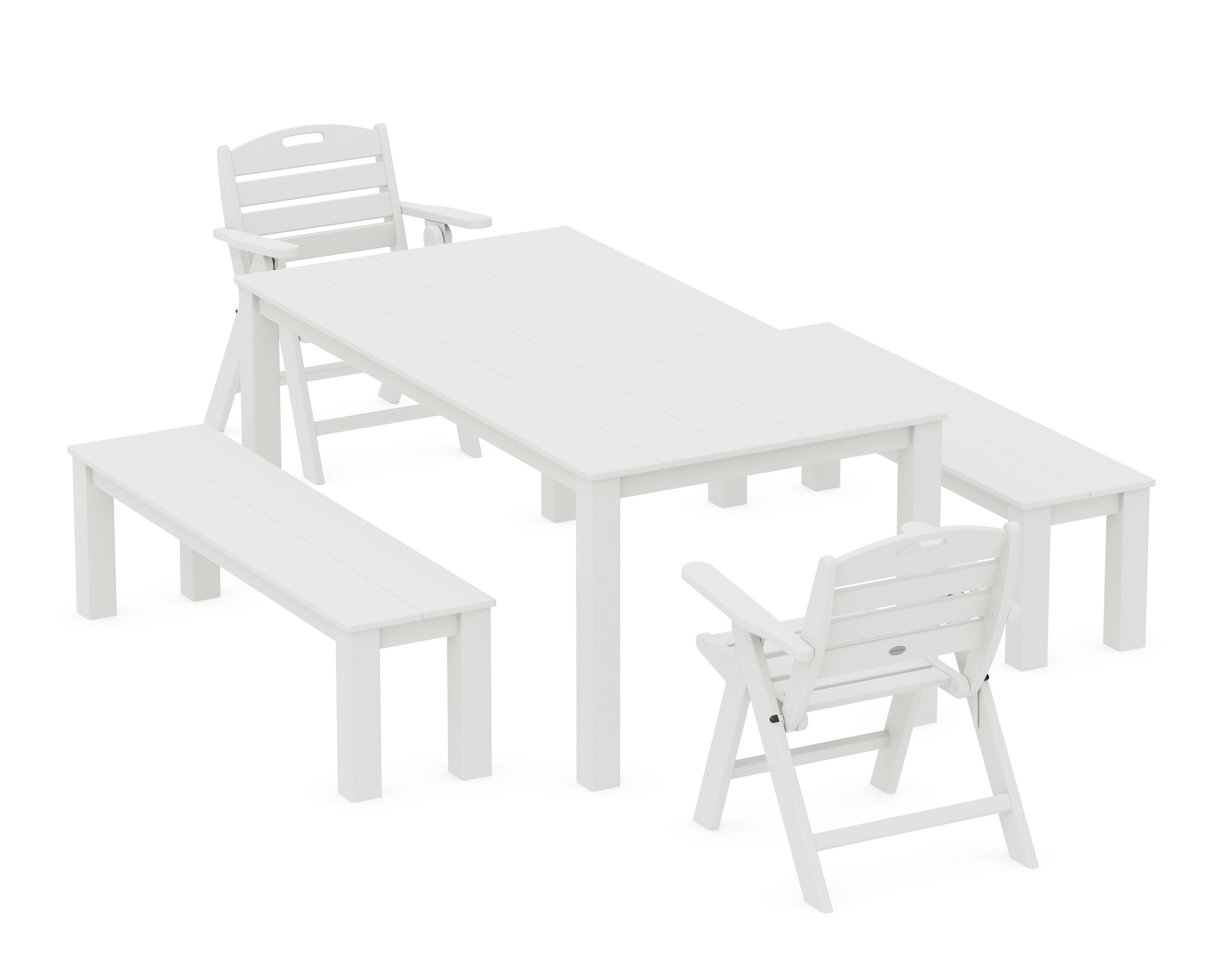 Nautical Folding Lowback Chair 5-Piece Parsons Dining Set with Benches in Vintage White