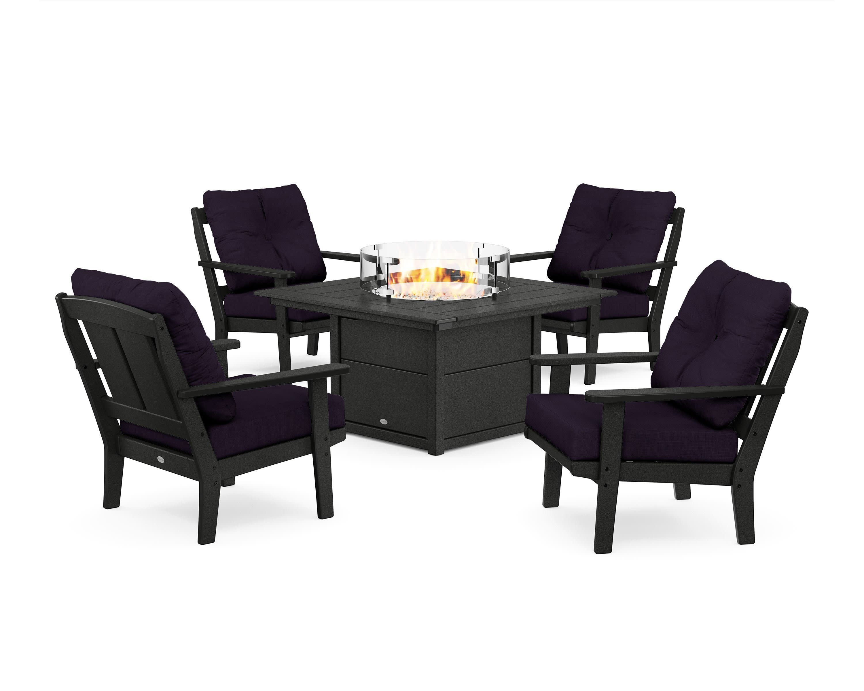 Mission 5-Piece Deep Seating Set with Fire Pit Table in Black / Navy Linen