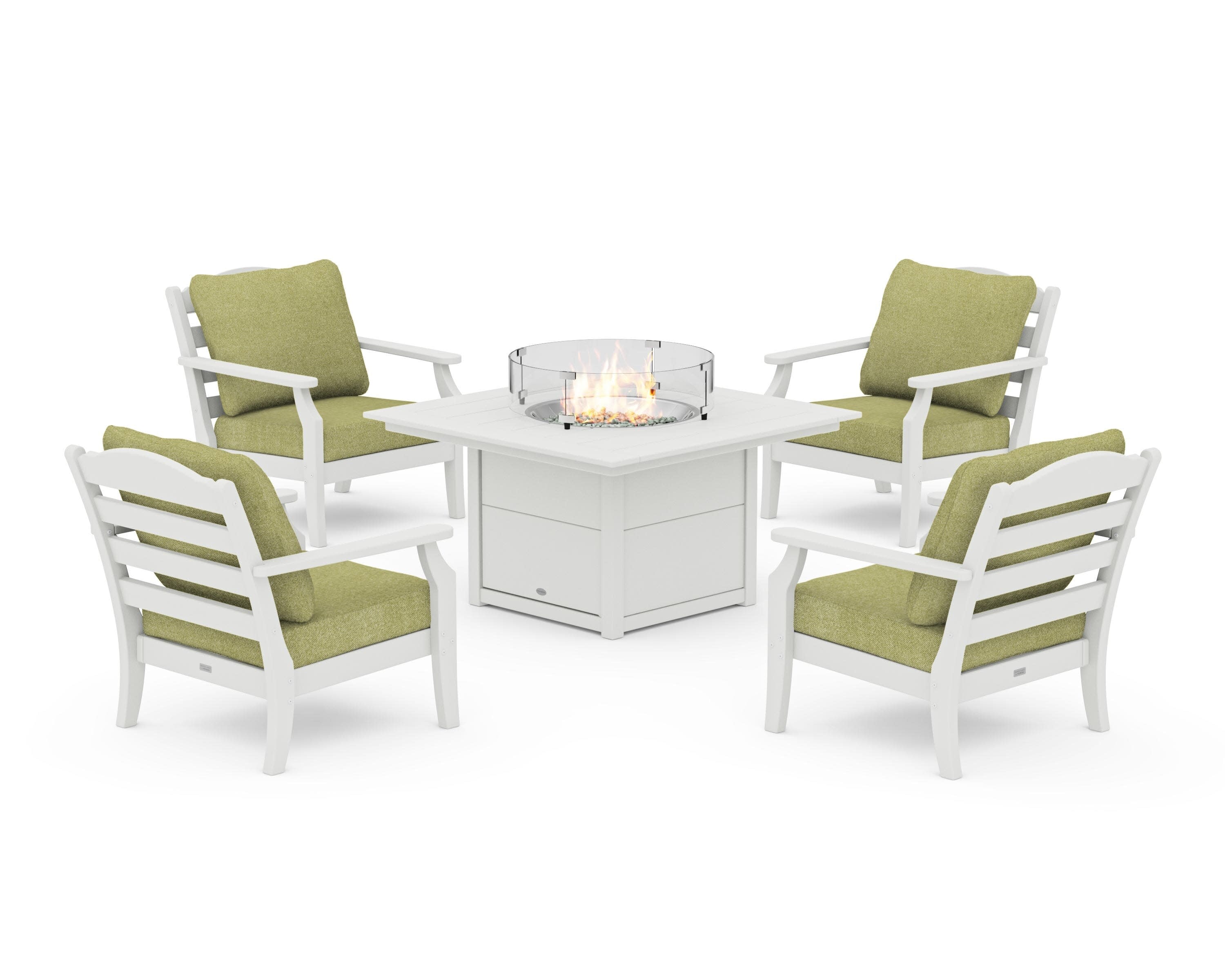 Savannah 5-Piece Deep Seating Set with Fire Pit Table in Vintage White / Chartreuse Boucle
