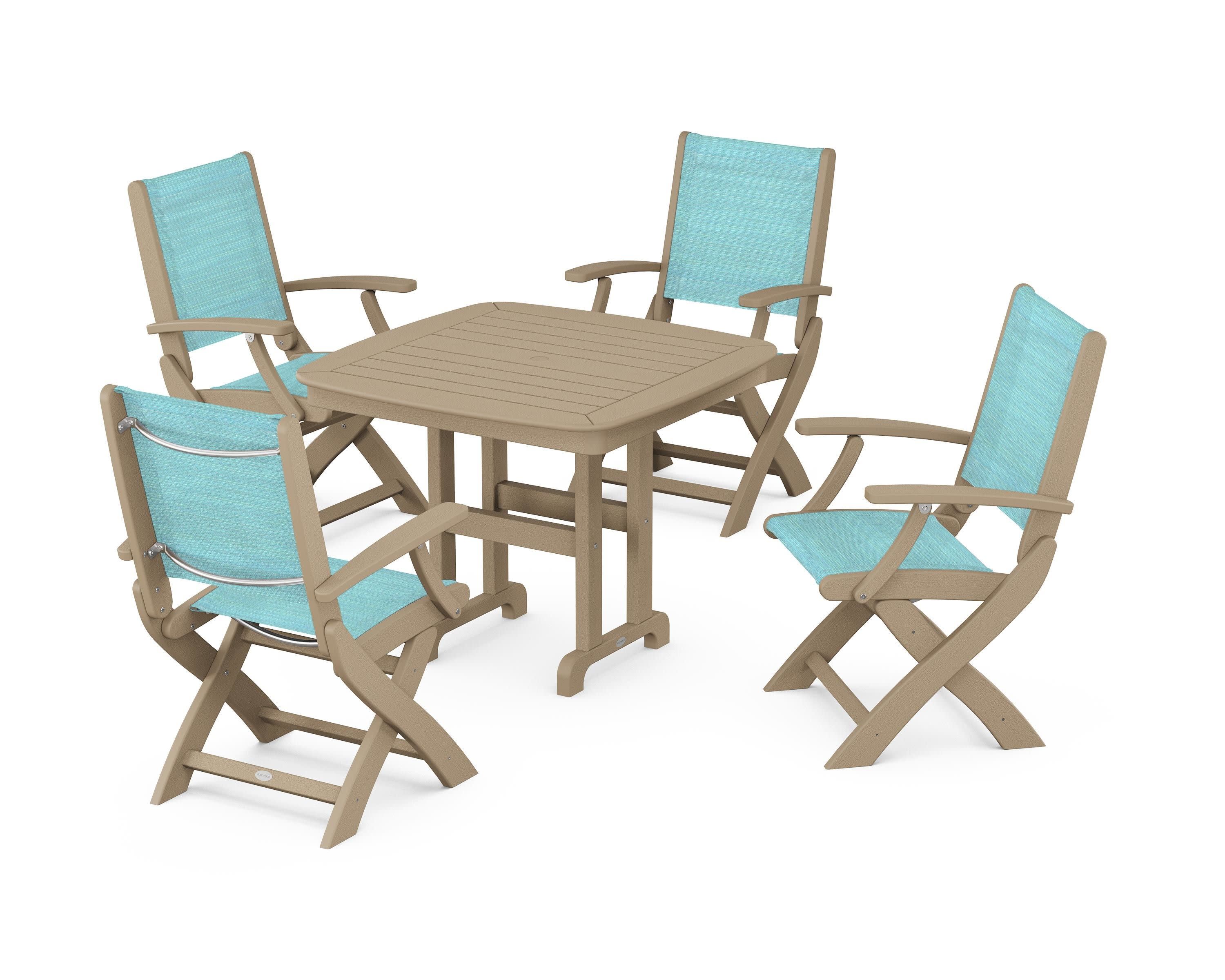 Coastal Folding Chair 5-Piece Dining Set in Vintage Sahara / Dupioni Aquamarine Sling