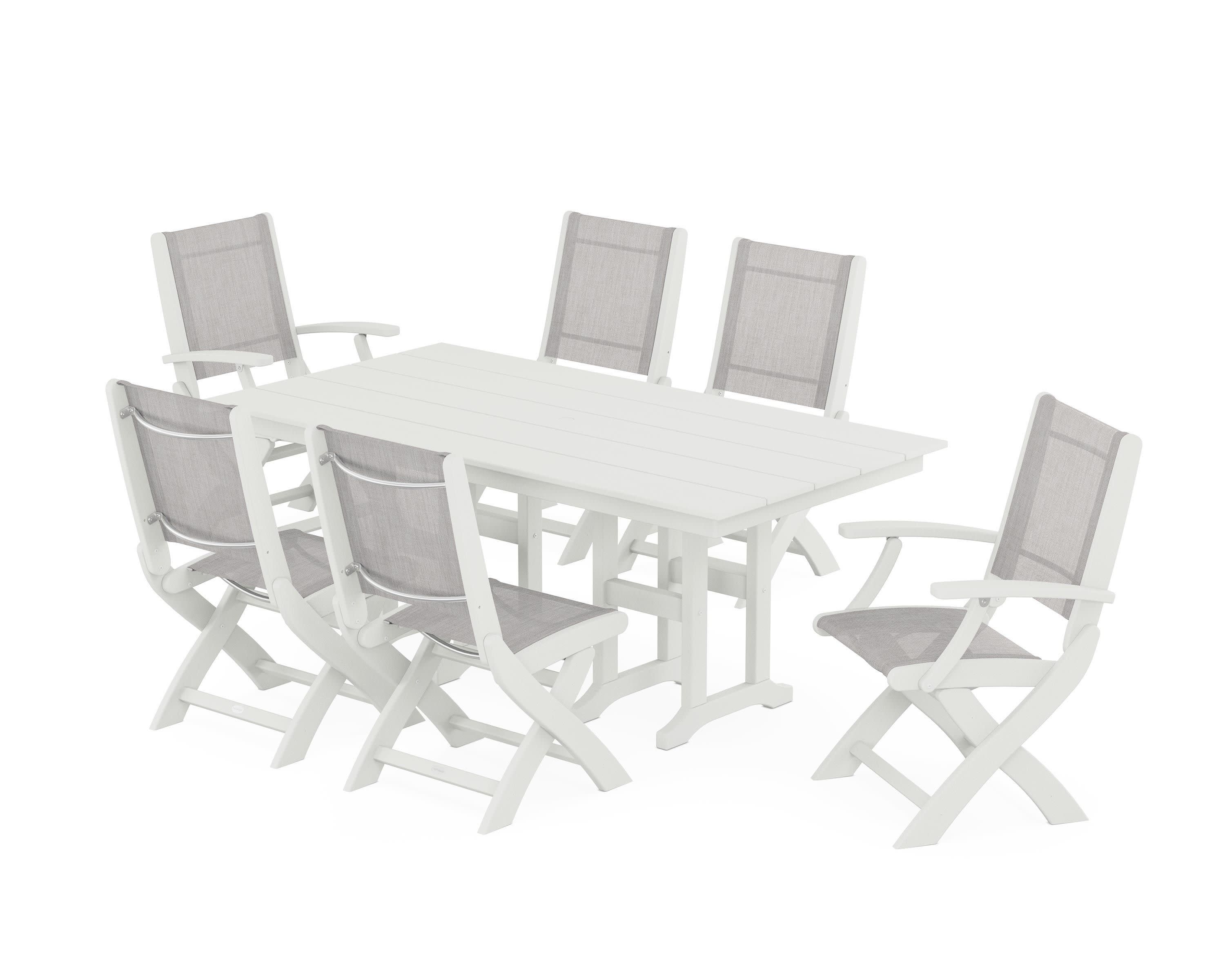Coastal Folding Chair 7-Piece Farmhouse Dining Set in Vintage White / Parchment Sling