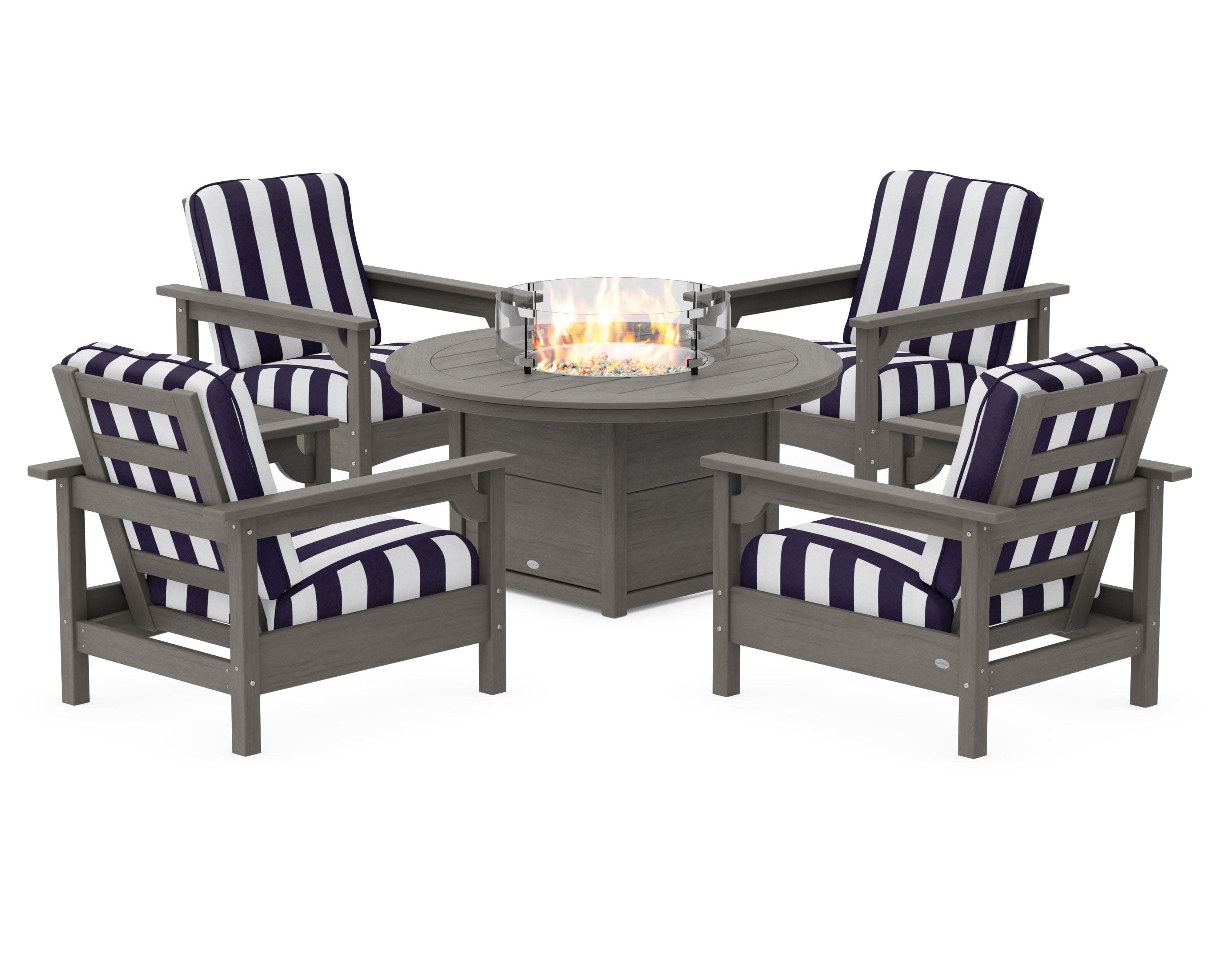 Club 5-Piece Conversation Set with Fire Pit Table in Driftwood / Cabana Stripe Navy