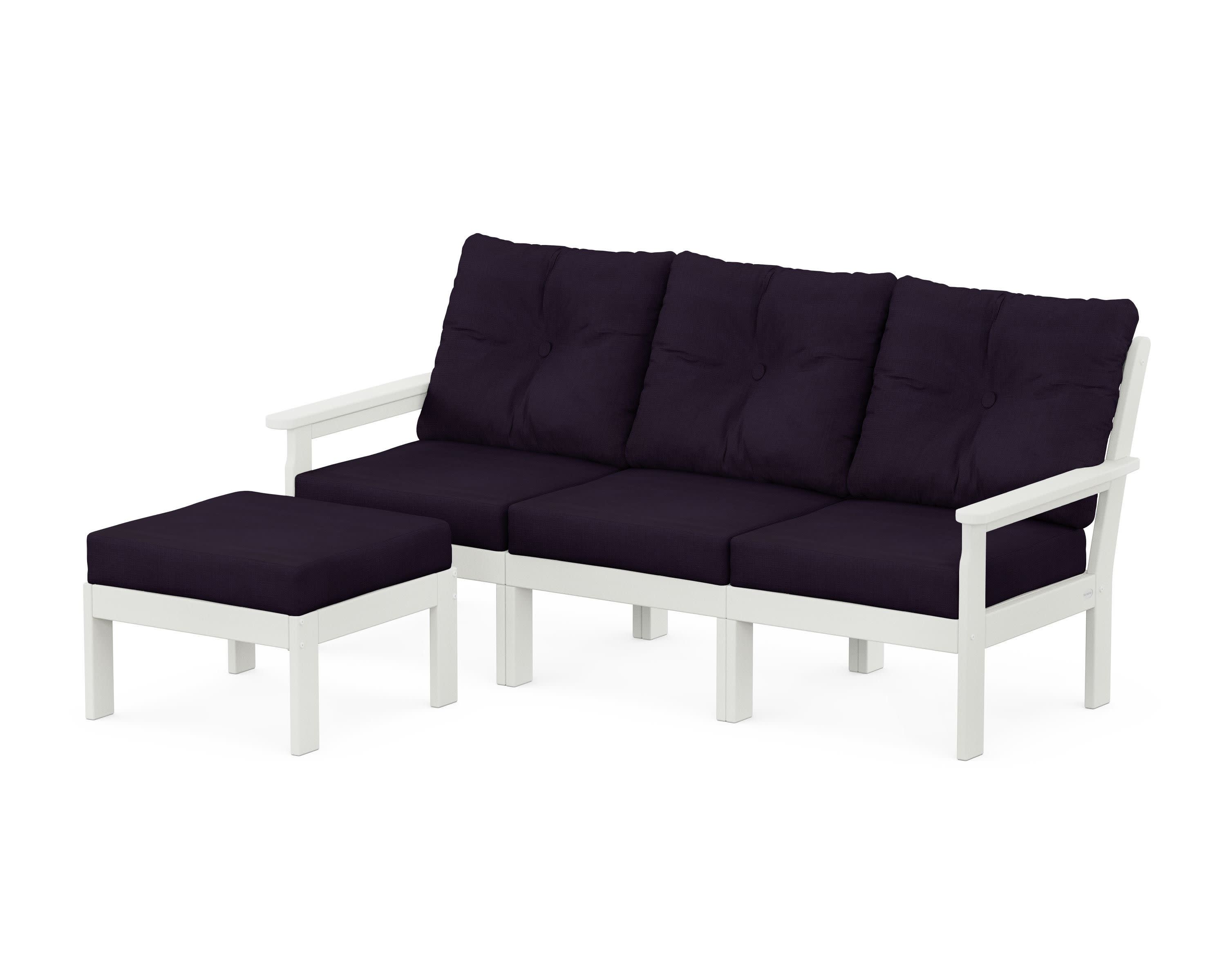 Vineyard 4-Piece Sectional with Ottoman in Vintage White / Navy Linen