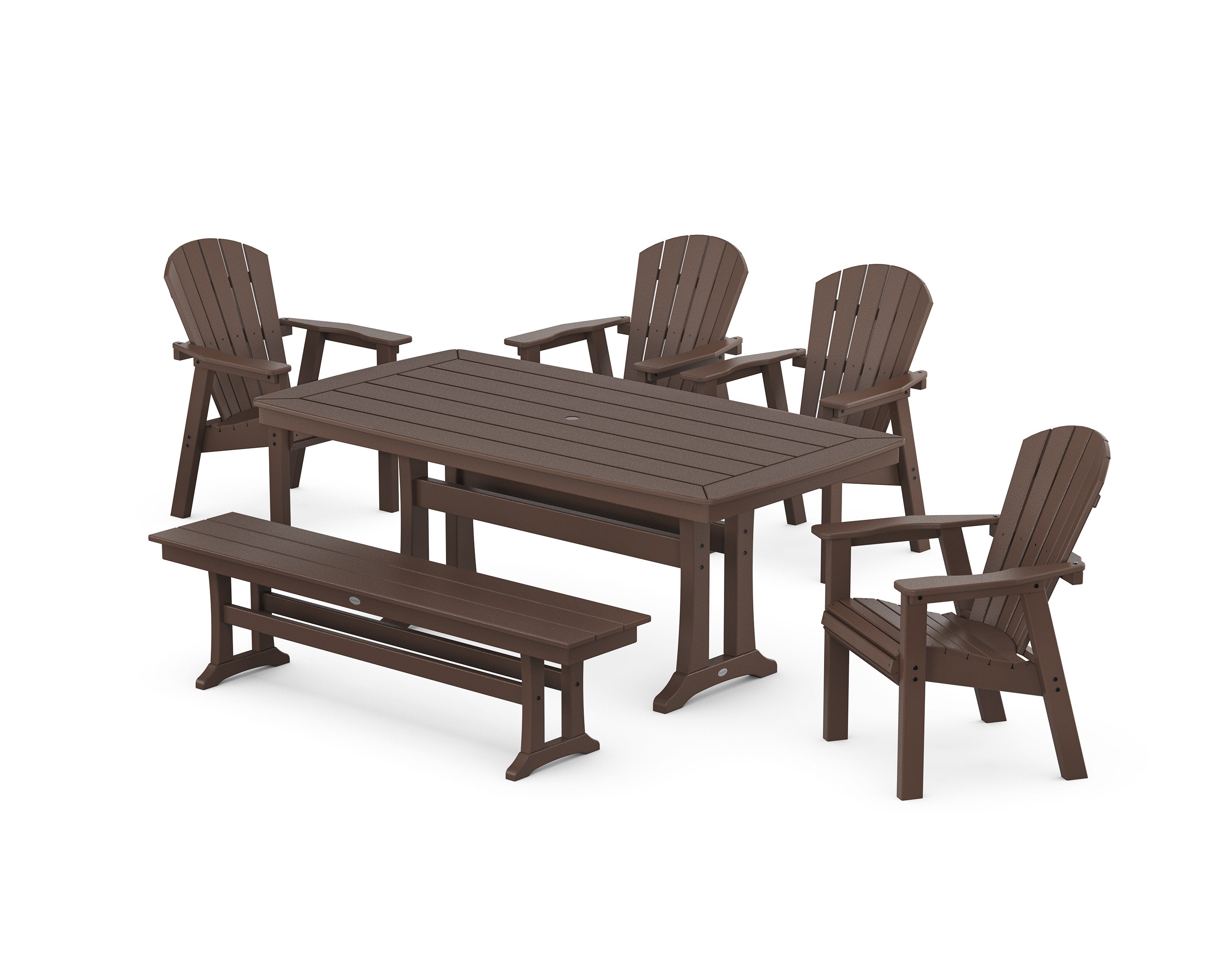 Seashell 6-Piece Dining Set with Trestle Legs and Bench in Mahogany