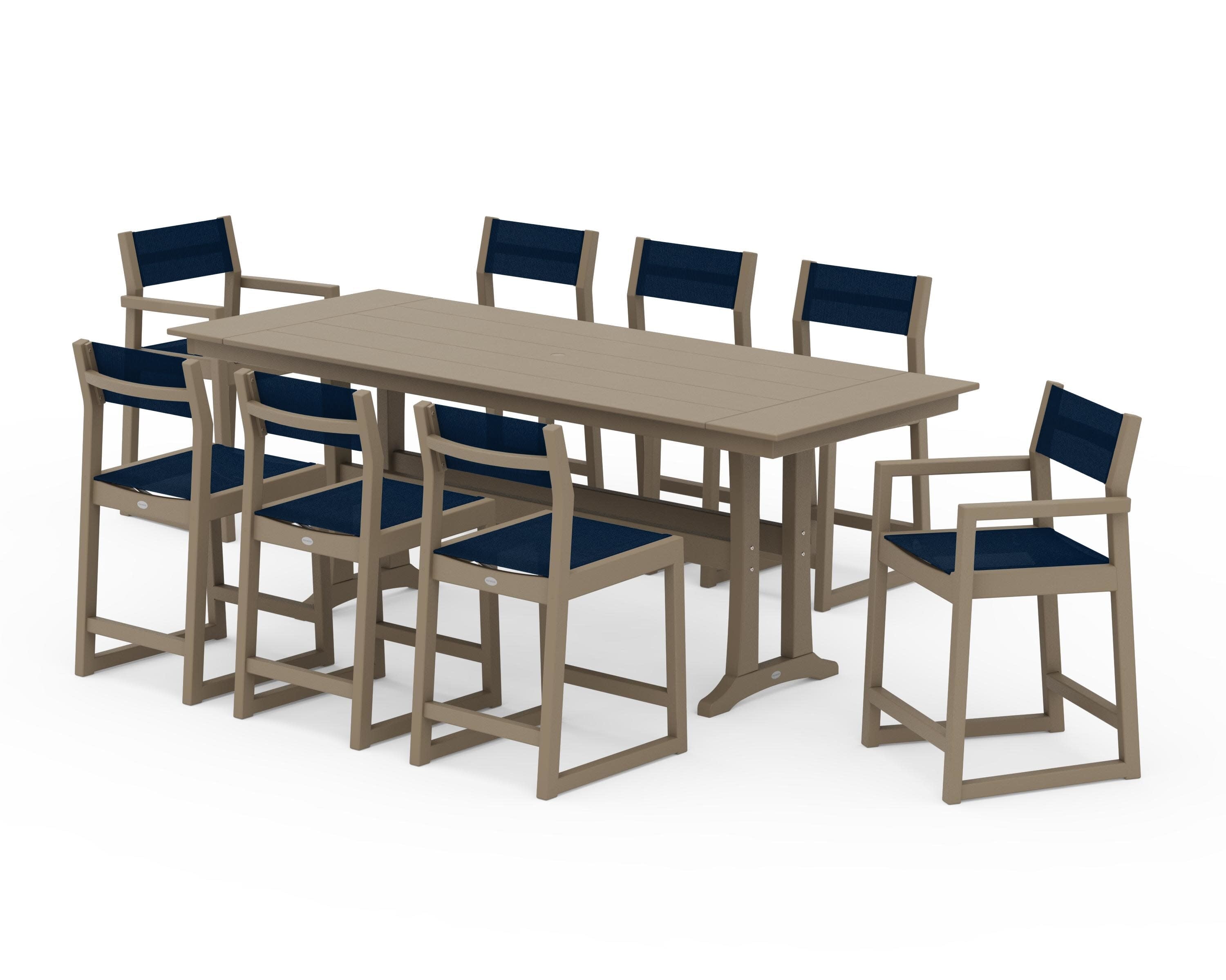 EDGE Sling 9-Piece Farmhouse Counter Set with Trestle Legs in Vintage Sahara / Navy Blue Sling