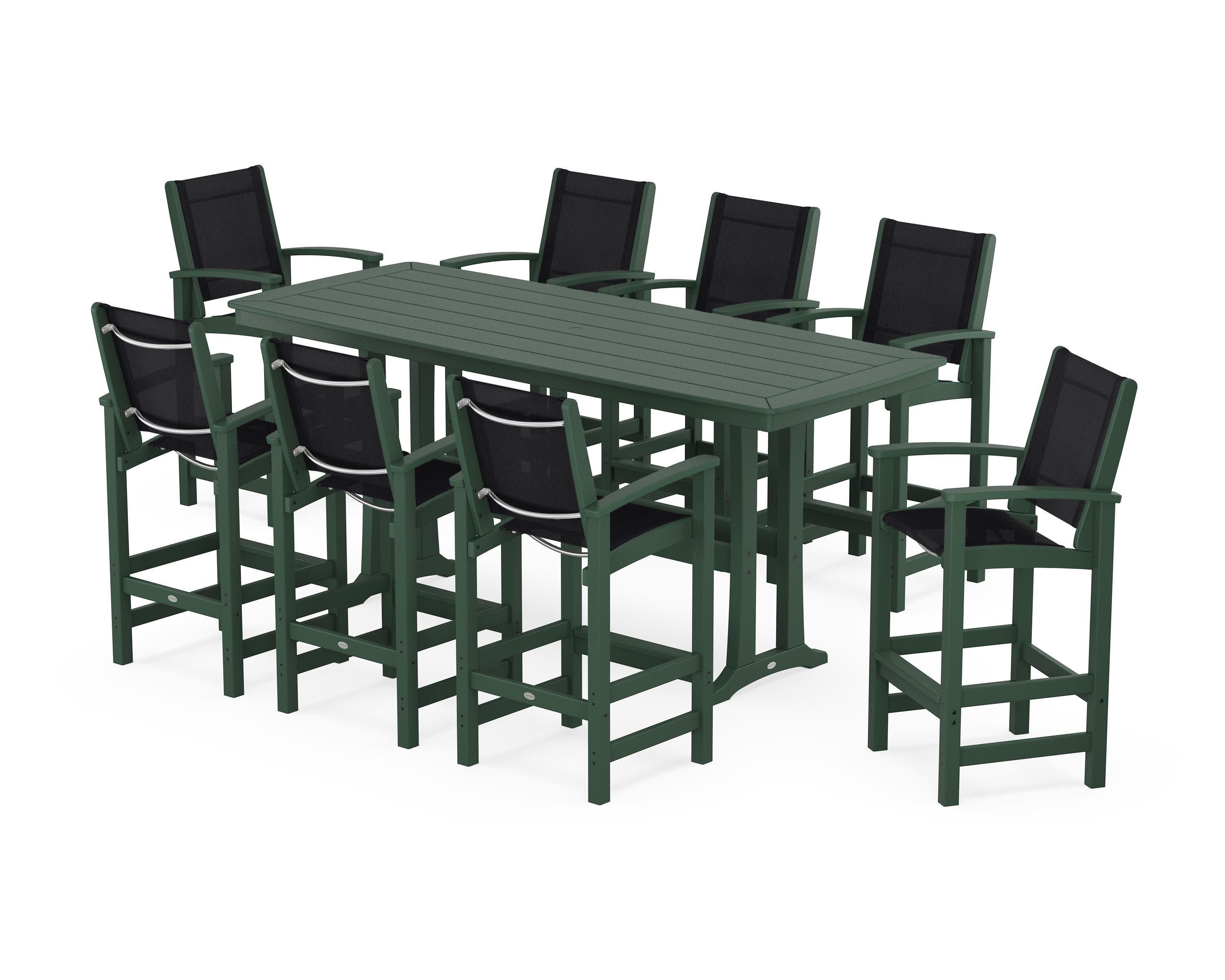 Coastal 9-Piece Bar Set with Trestle Legs in Green / Black Sling