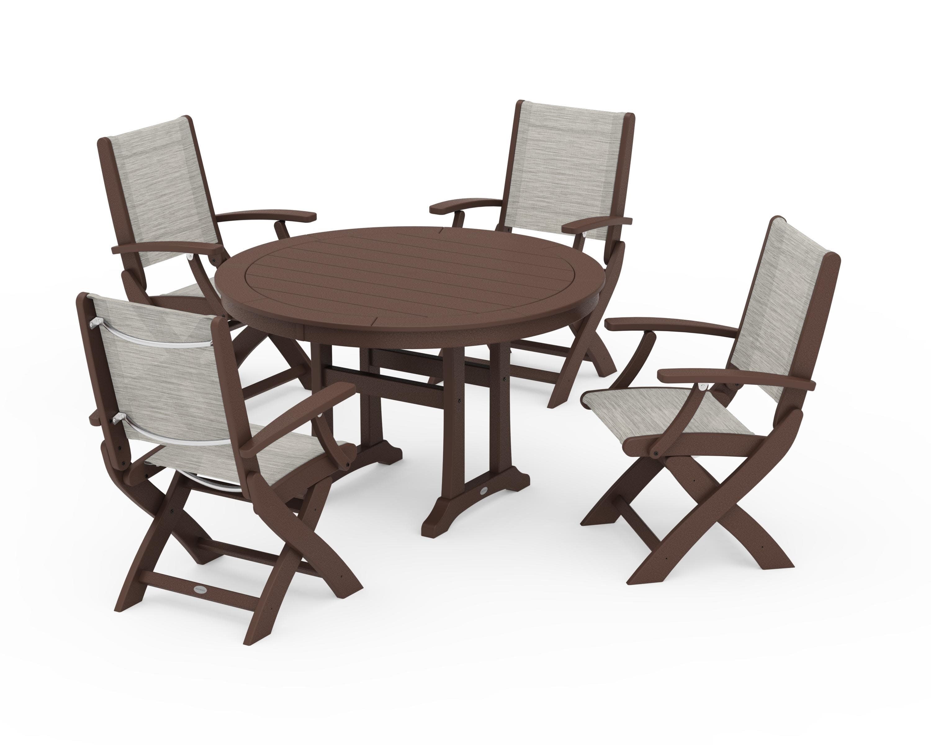 Coastal Folding Chair 5-Piece Round Dining Set with Trestle Legs in Mahogany / Birch Sling