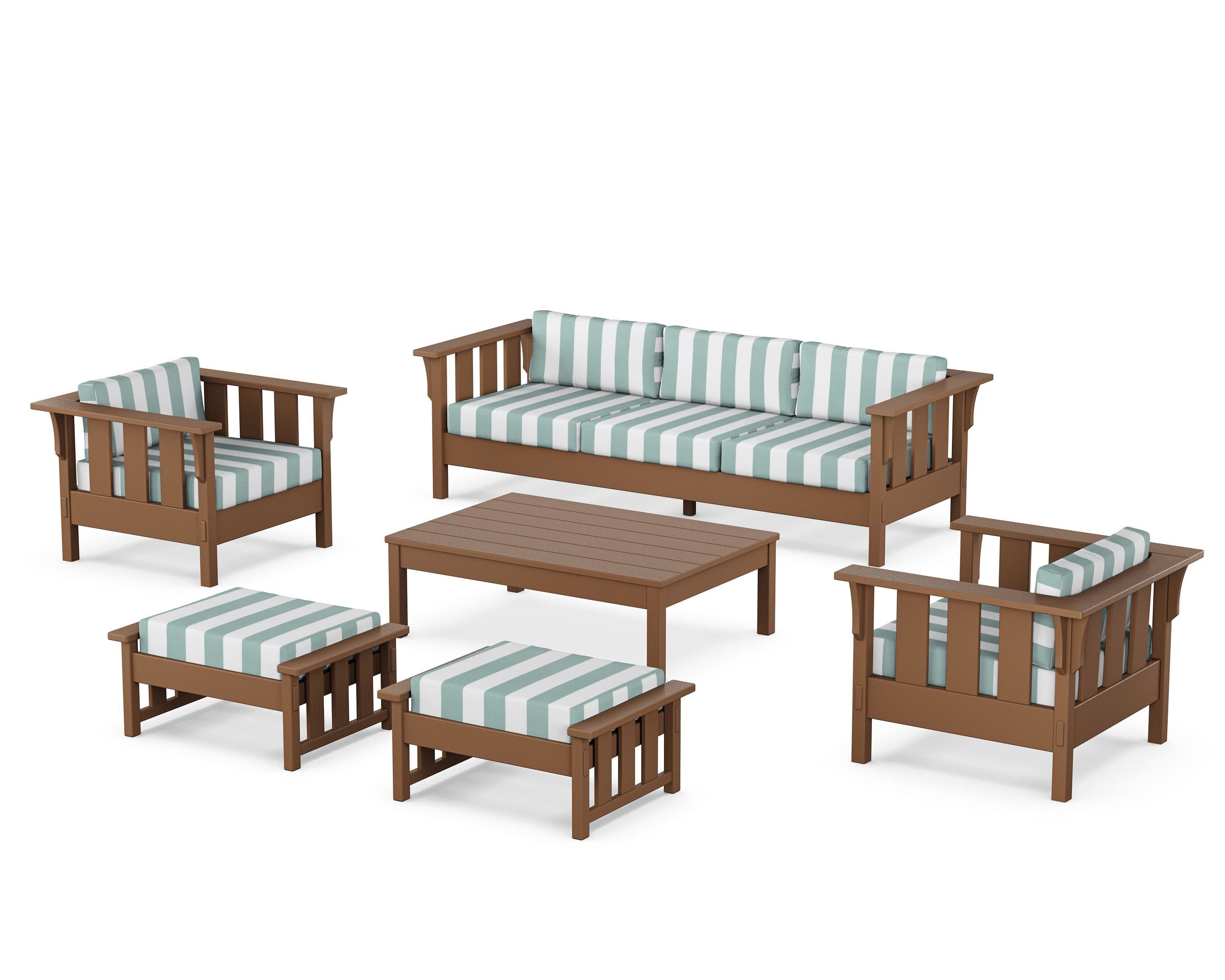 Acadia 6-Piece Lounge Sofa Set in Teak / Cabana Stripe Glacier Spa