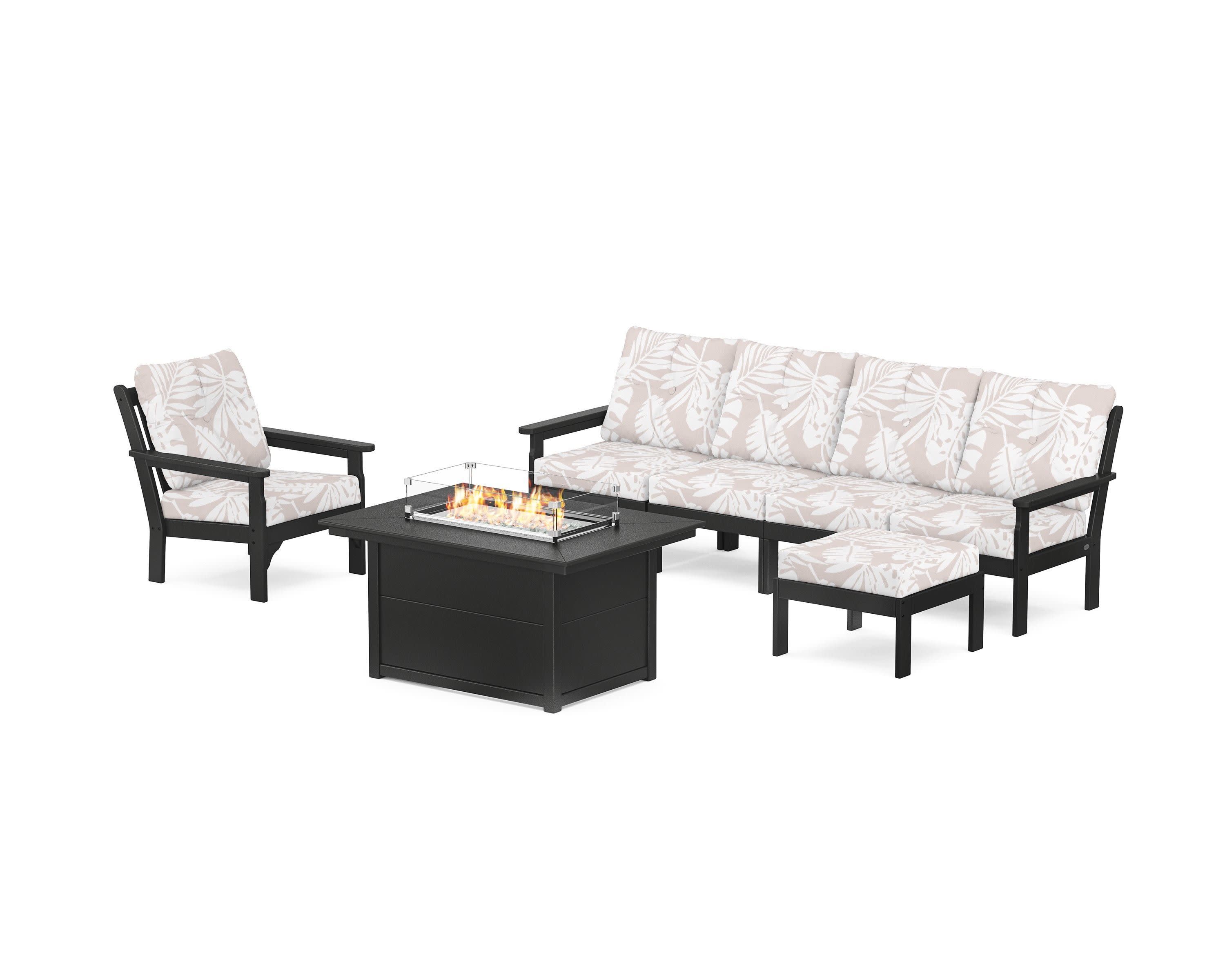 Vineyard Sectional Lounge and Fire Pit Set in Black / Leaf Dune Burlap