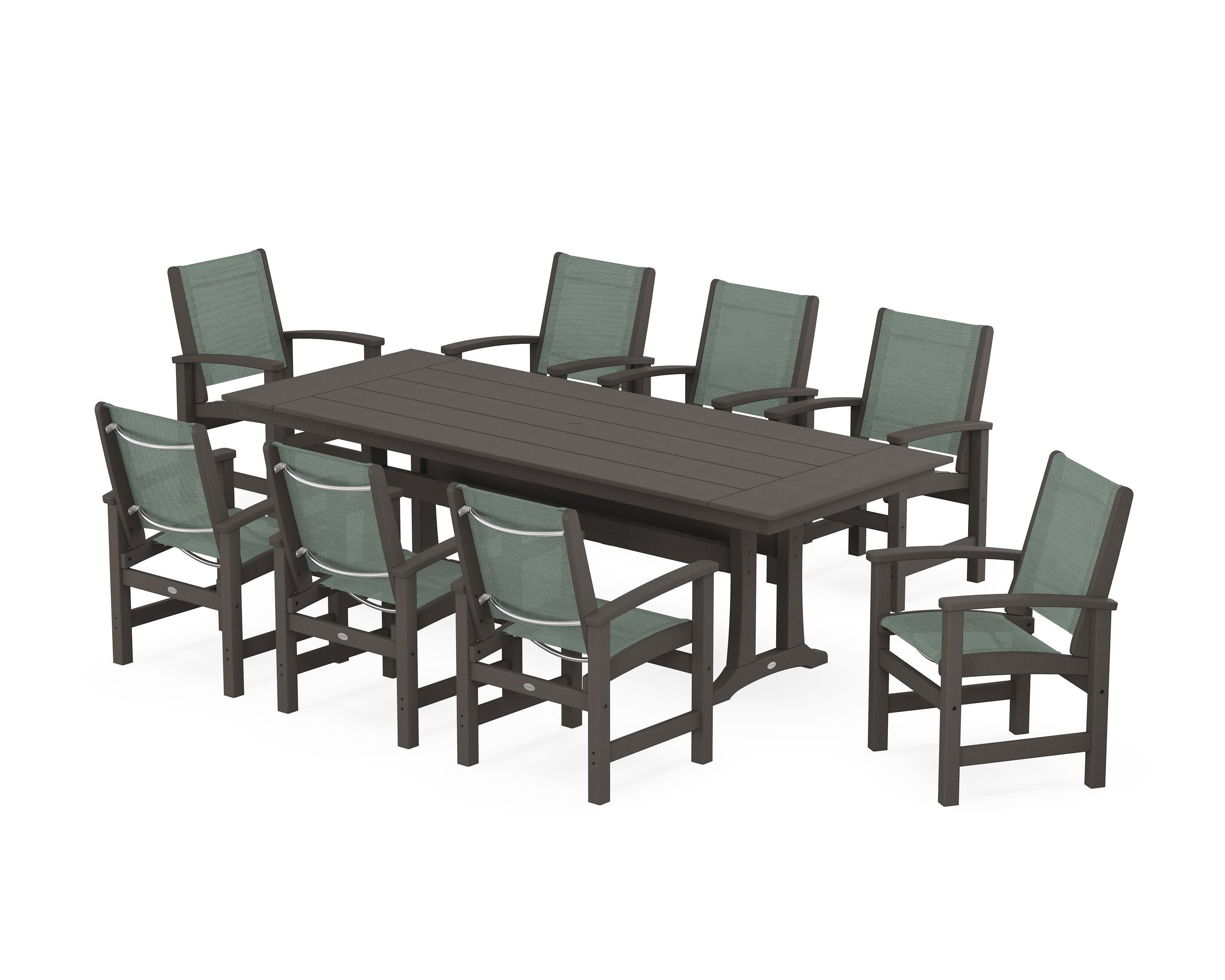 Coastal 9-Piece Farmhouse Dining Set with Trestle Legs in Vintage Coffee / Dupioni Sea Mist Sling