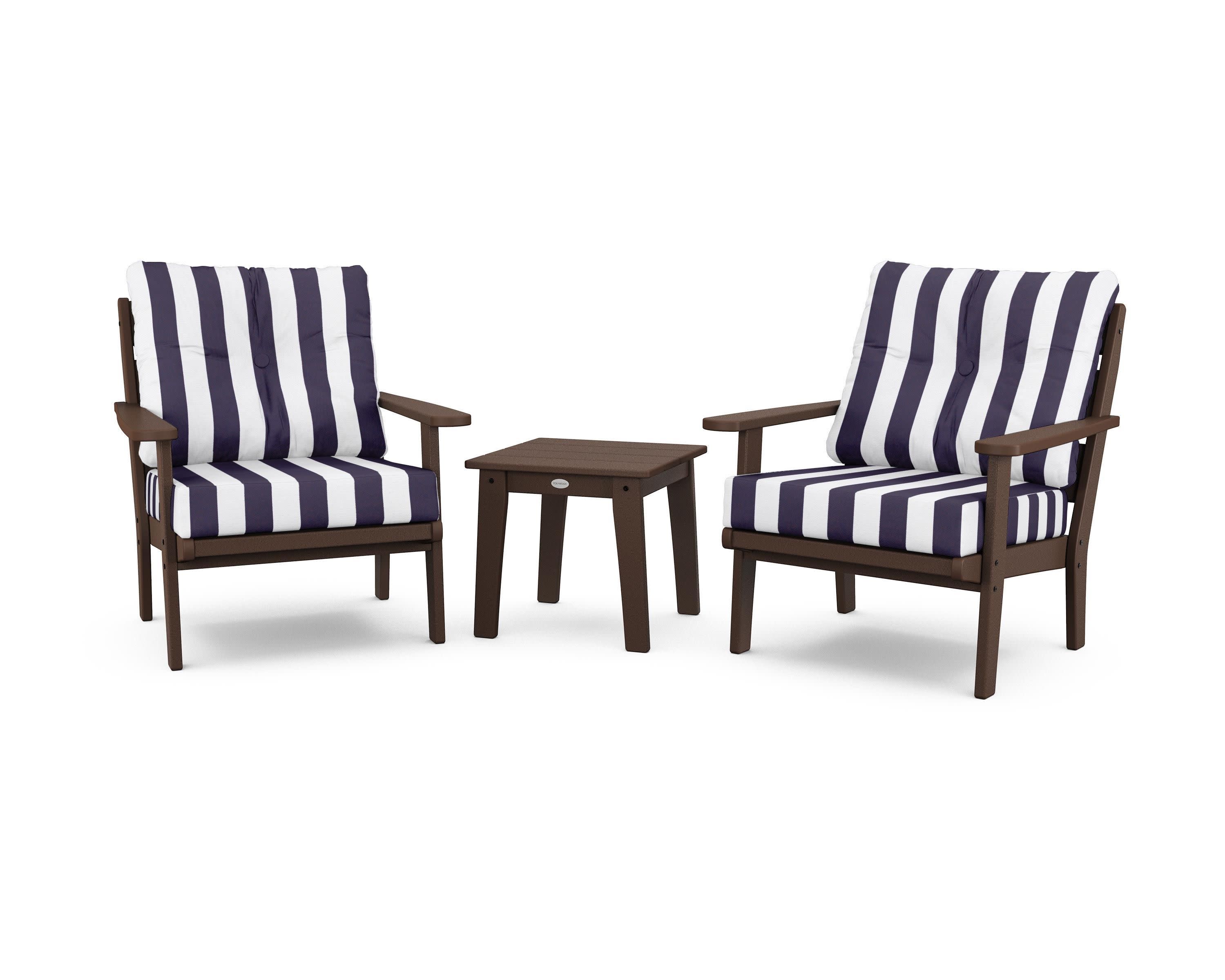 Lakeside 3-Piece Deep Seating Chair Set in Mahogany / Cabana Stripe Navy