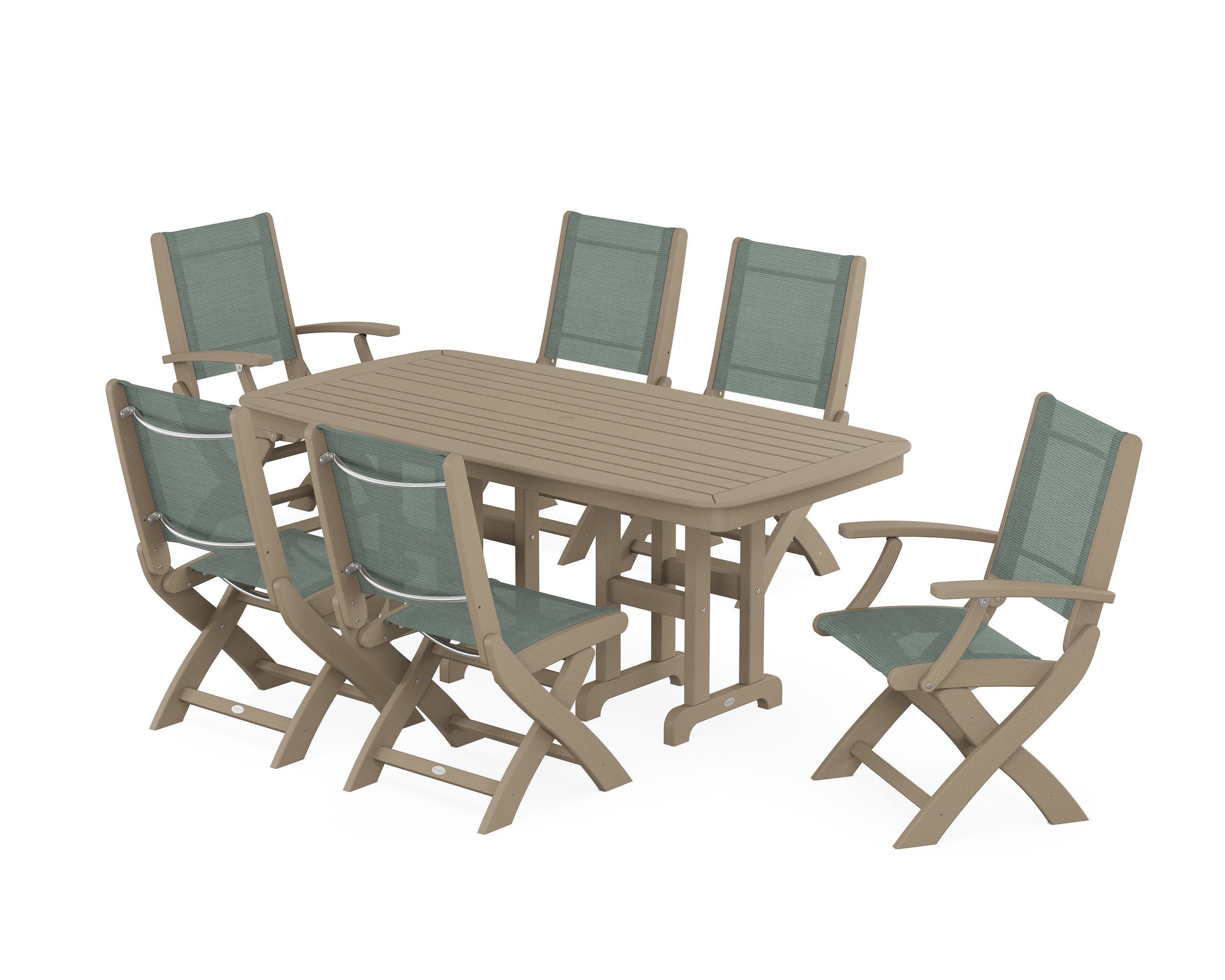 Coastal Folding Chair 7-Piece Dining Set in Vintage Sahara / Dupioni Sea Mist Sling