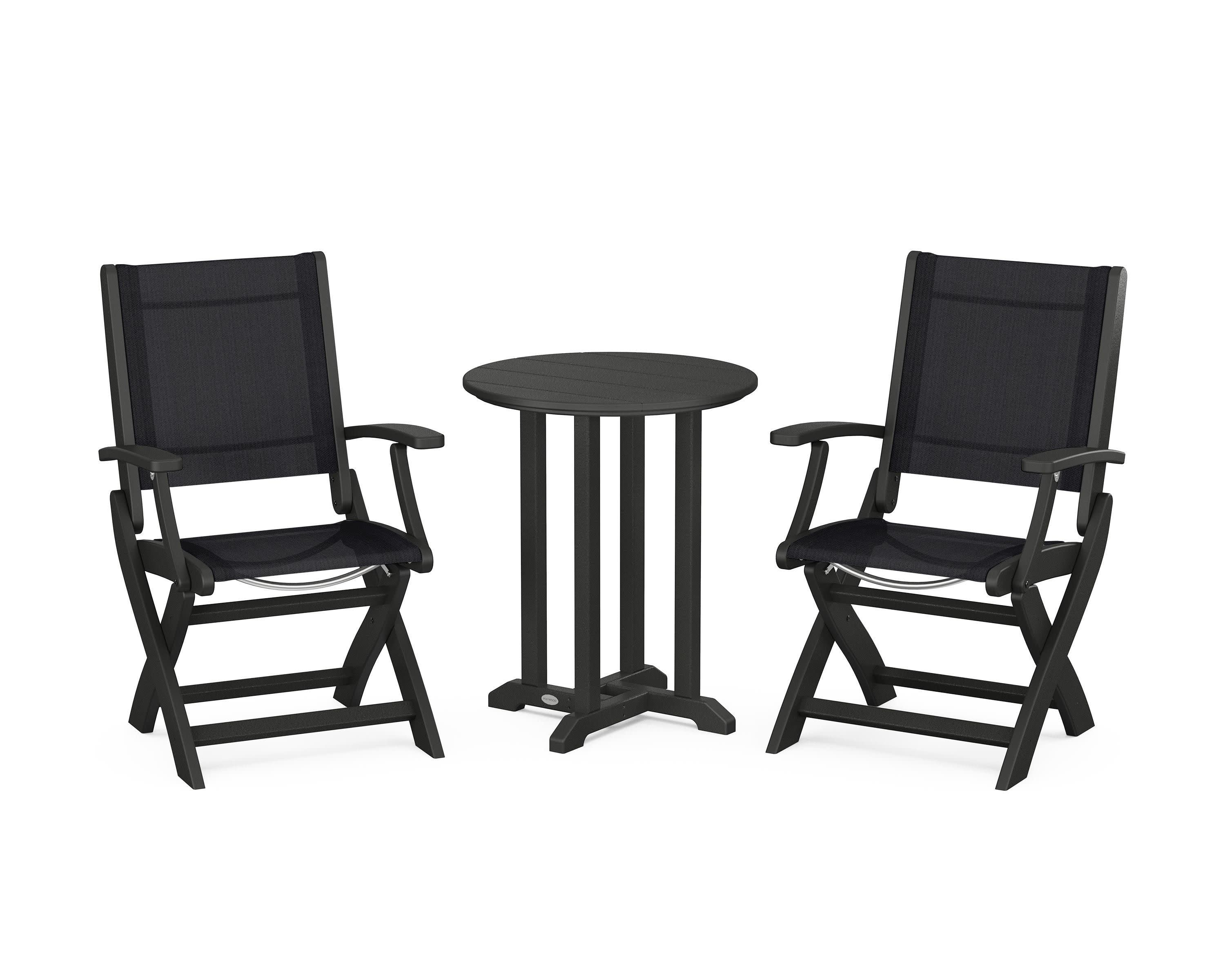 Coastal Folding 3-Piece Round Bistro Dining Set in Black / Black Sling