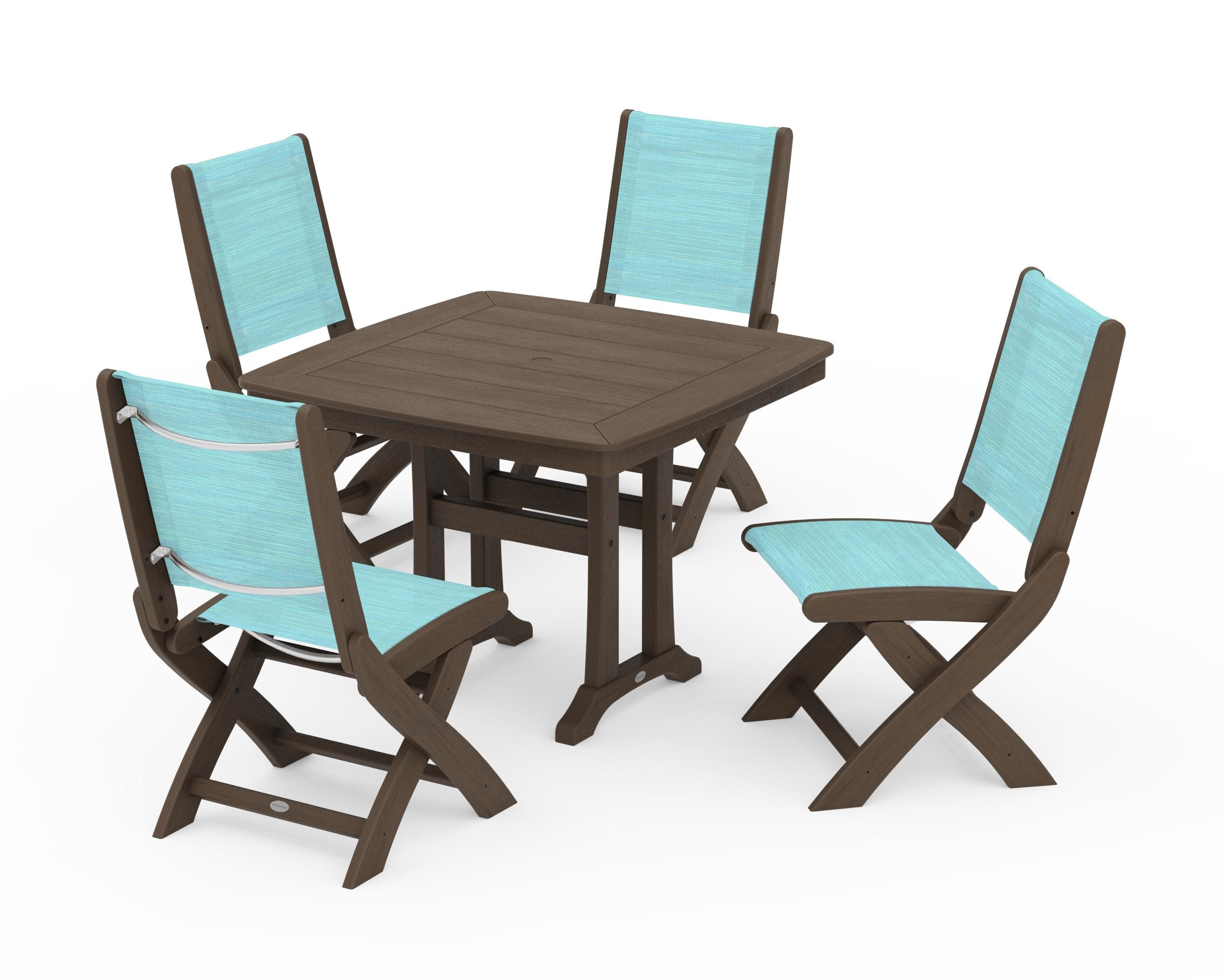 Coastal Folding Side Chair 5-Piece Dining Set with Trestle Legs in Kona / Dupioni Aquamarine Sling