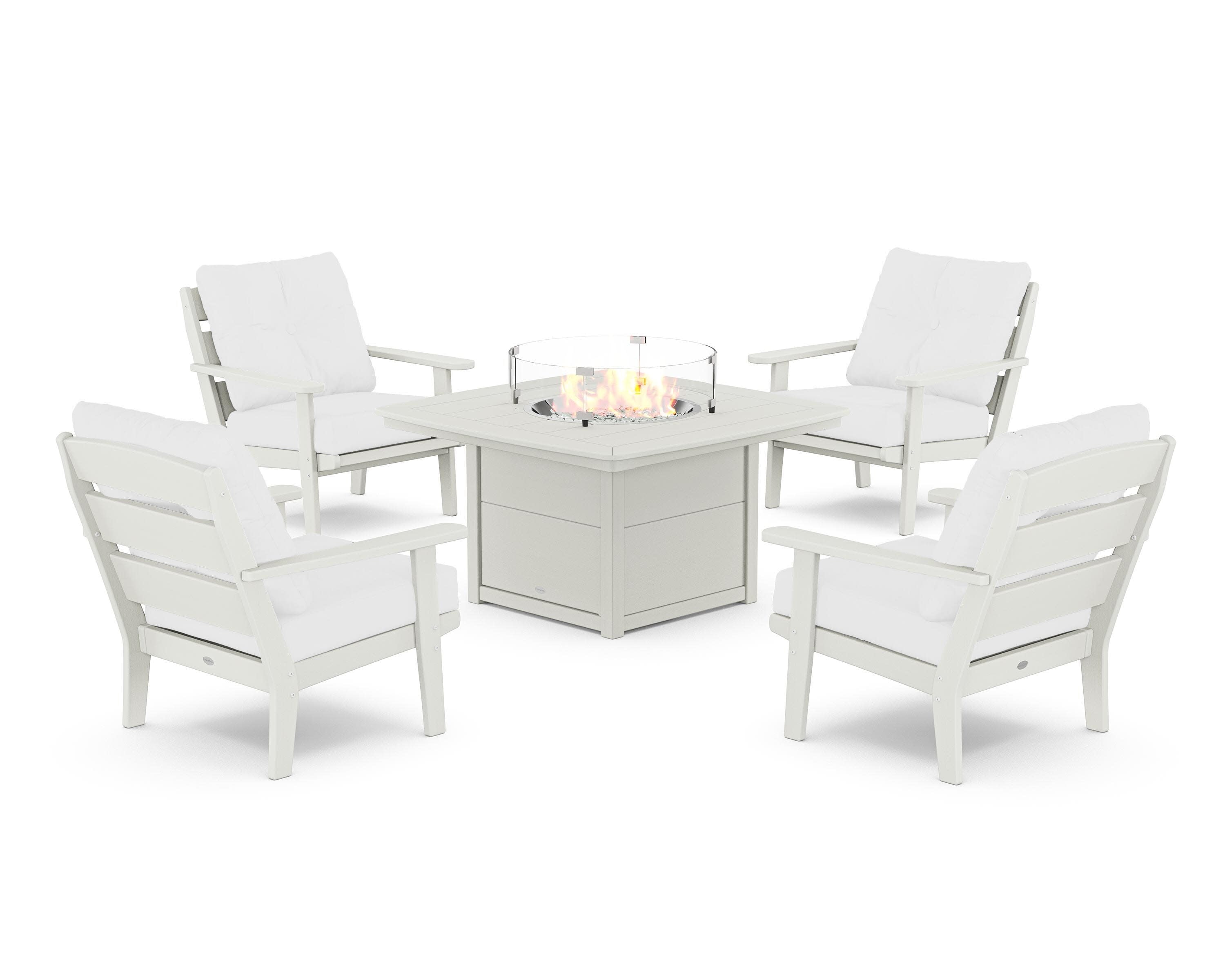 Lakeside 5-Piece Deep Seating Set with Nautical Fire Pit Table in Vintage White / Natural