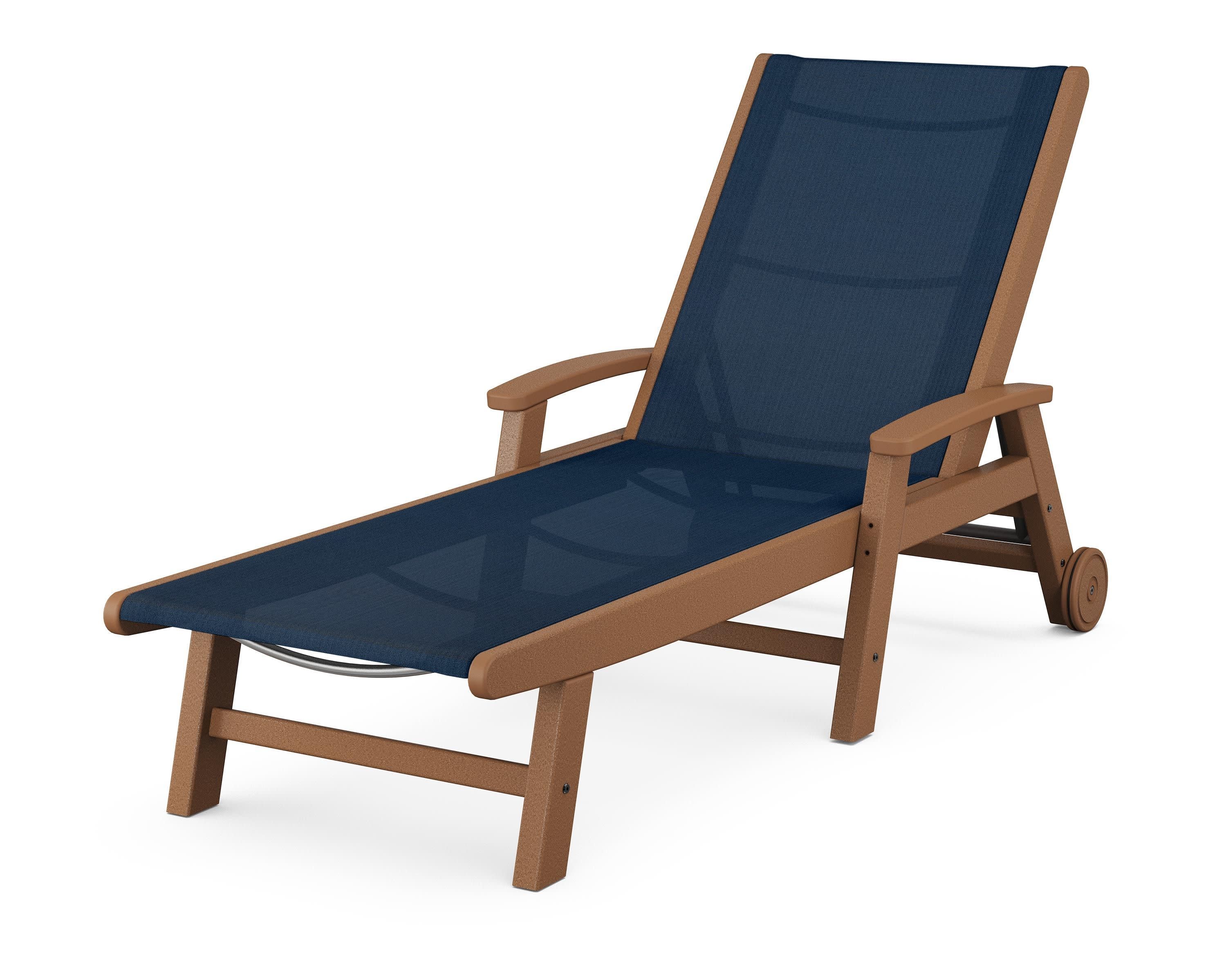 Coastal Chaise with Wheels in Teak / Navy Blue Sling