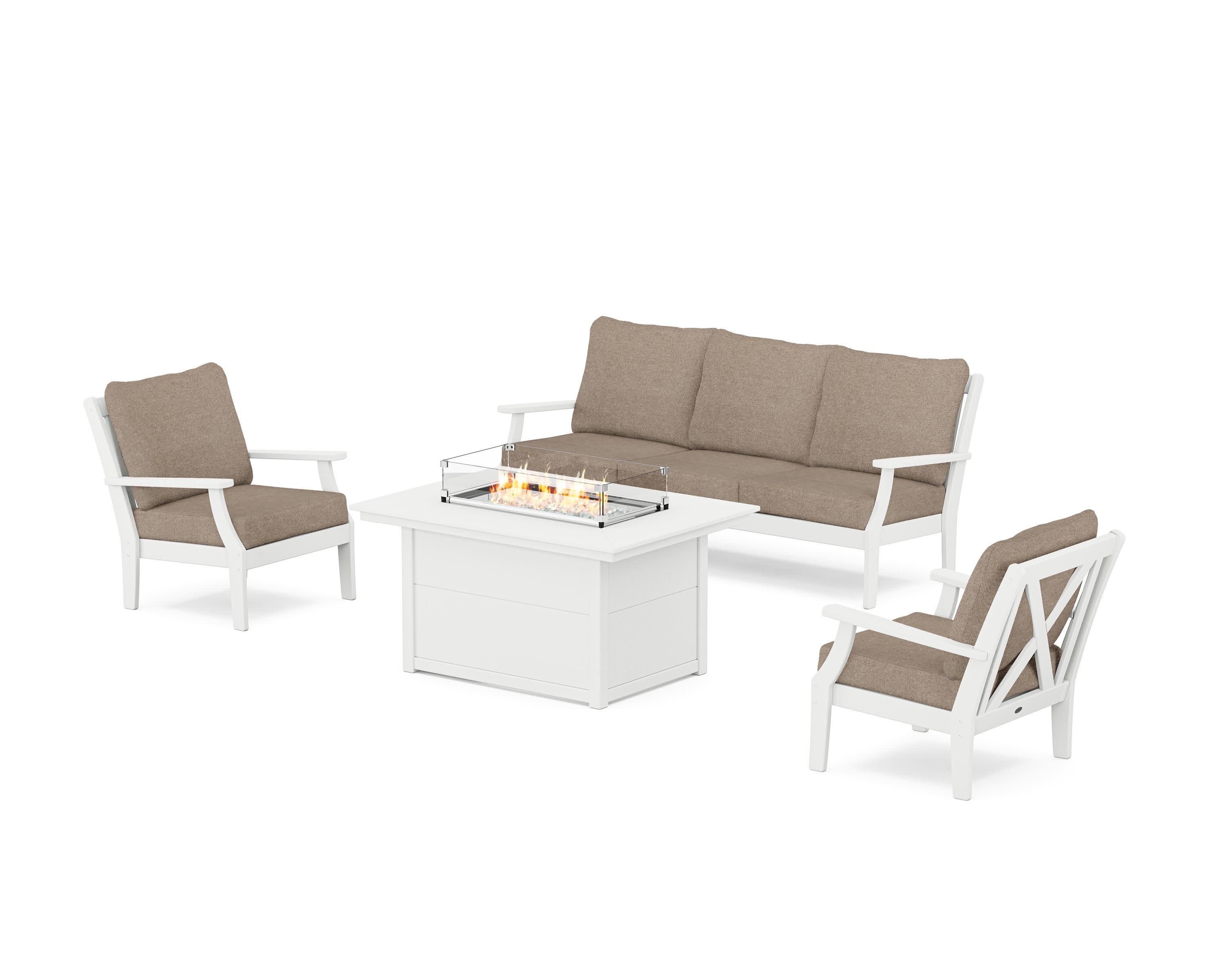 Braxton Deep Seating Fire Pit Table Set in White / Spiced Burlap