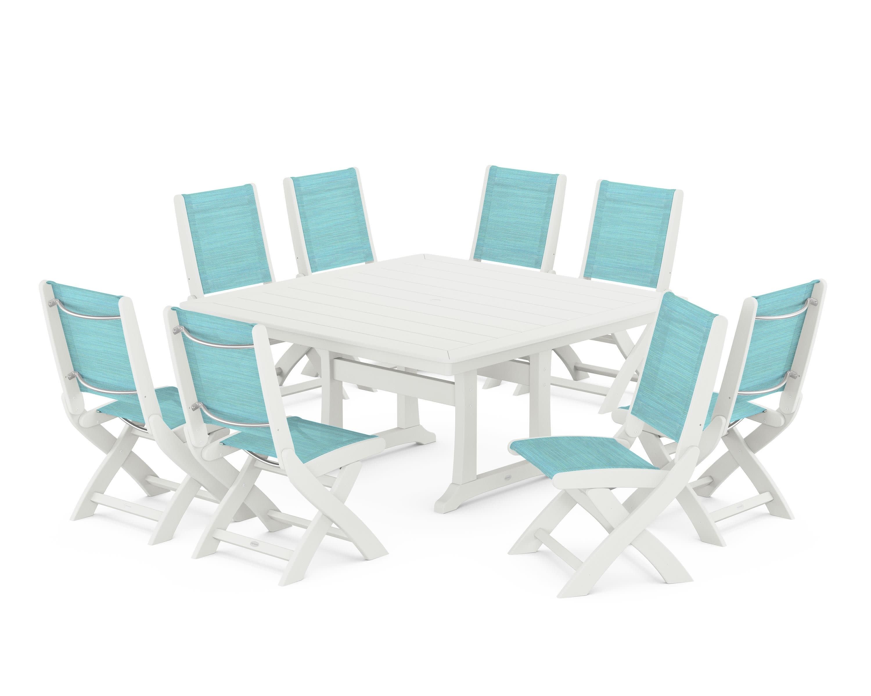 Coastal Folding Side Chair 9-Piece Dining Set with Trestle Legs in Vintage White / Dupioni Aquamarine Sling
