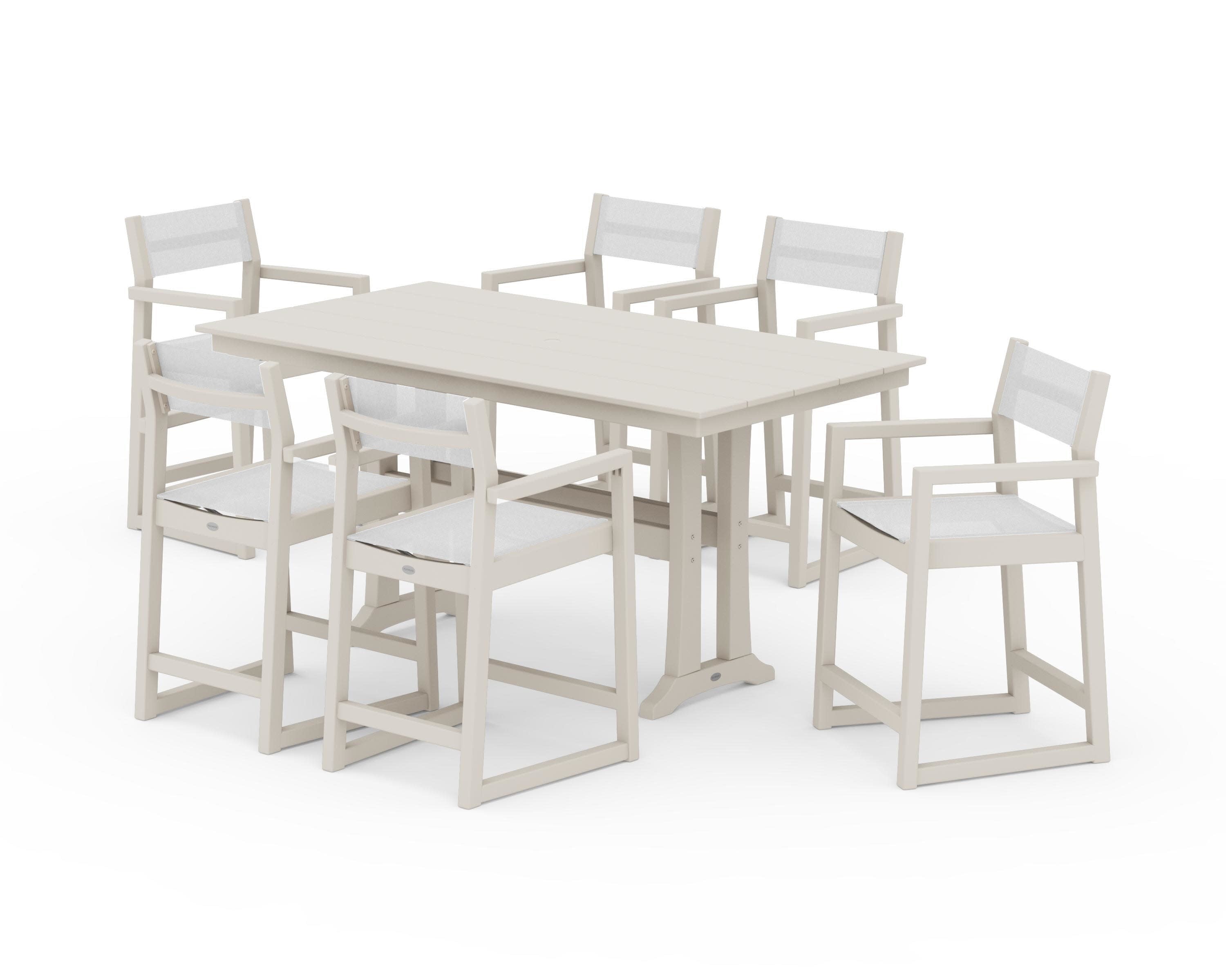 EDGE Sling Arm Chair 7-Piece Farmhouse Counter Set with Trestle Legs in Sand / White Sling