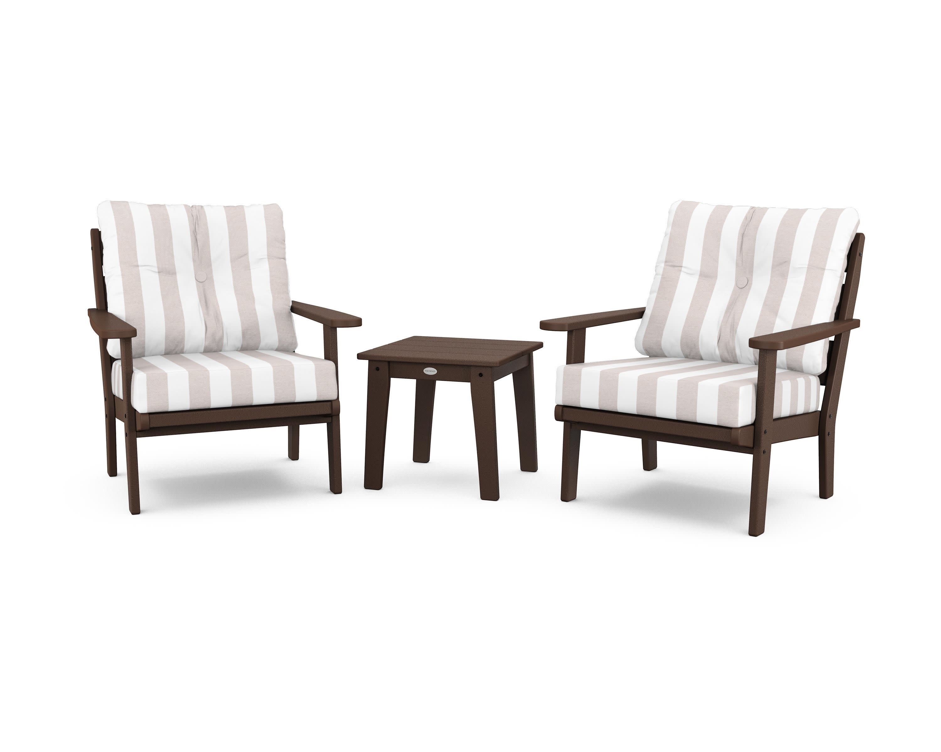 Lakeside 3-Piece Deep Seating Chair Set in Mahogany / Cabana Stripe Dune Burlap