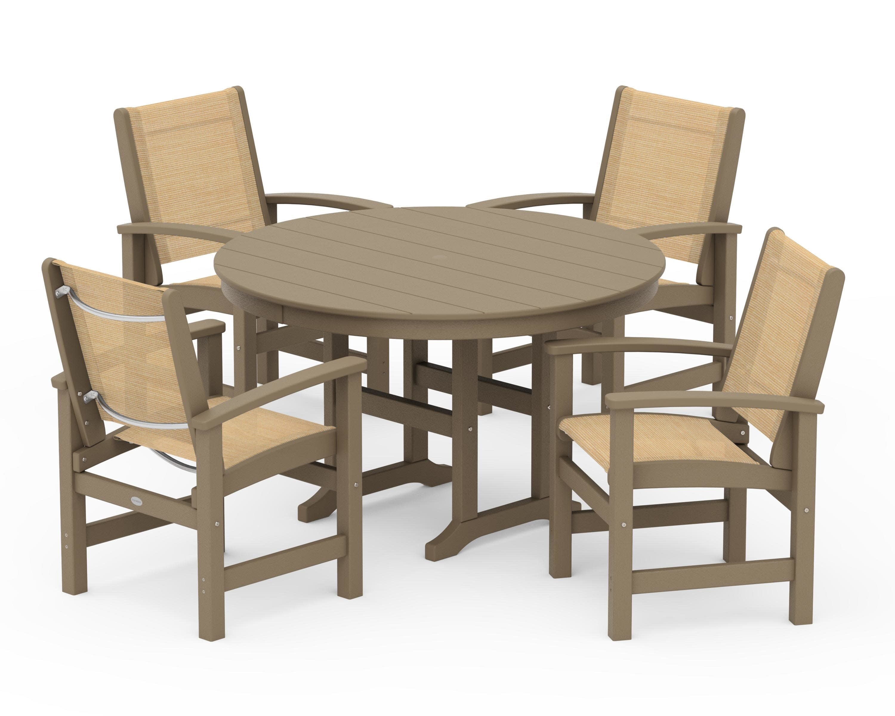 Coastal 5-Piece Round Farmhouse Dining Set in Vintage Sahara / Dupioni Apricot Sling