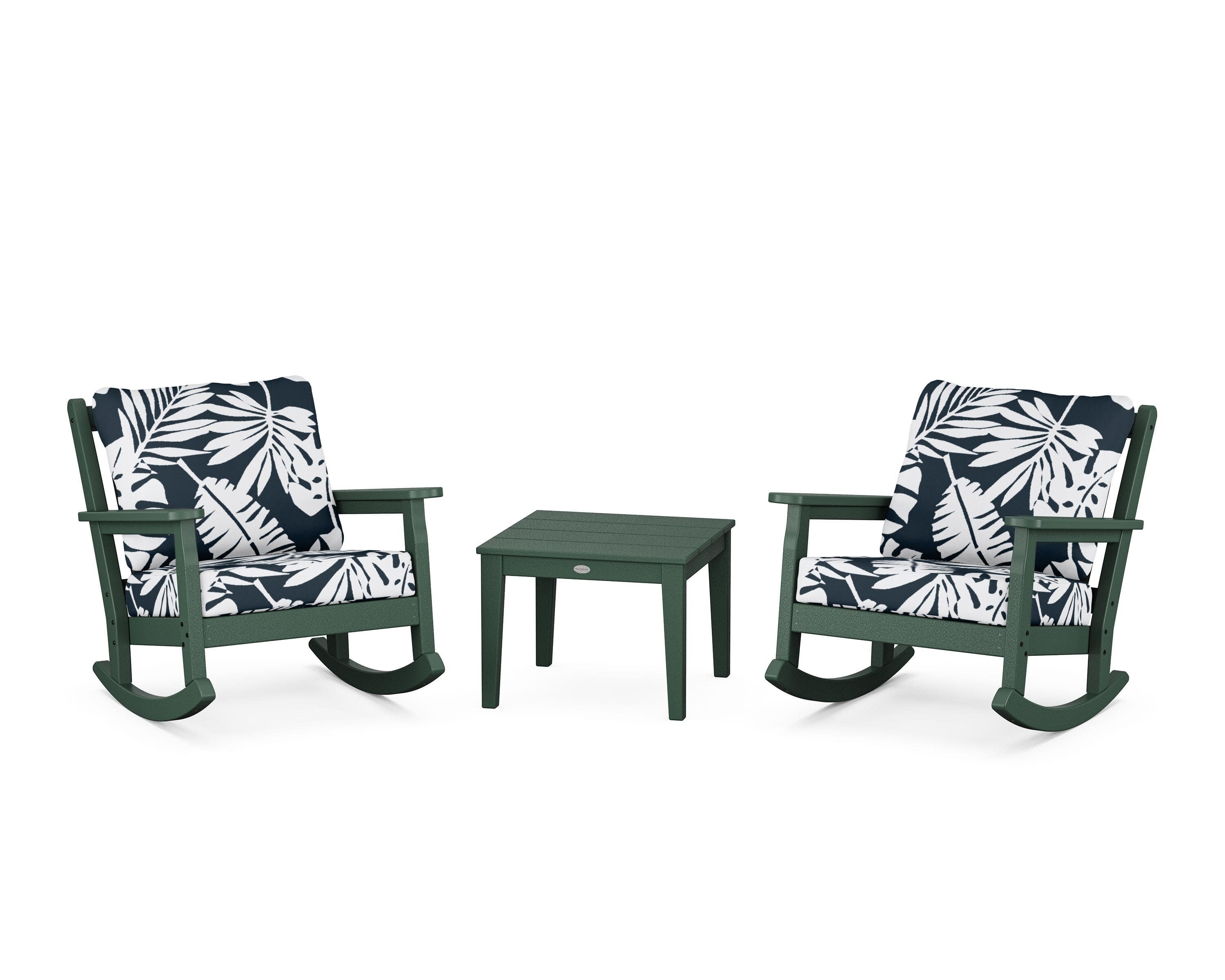 Chippendale 3-Piece Deep Seating Rocker Set in Green / Leaf Marine Indigo
