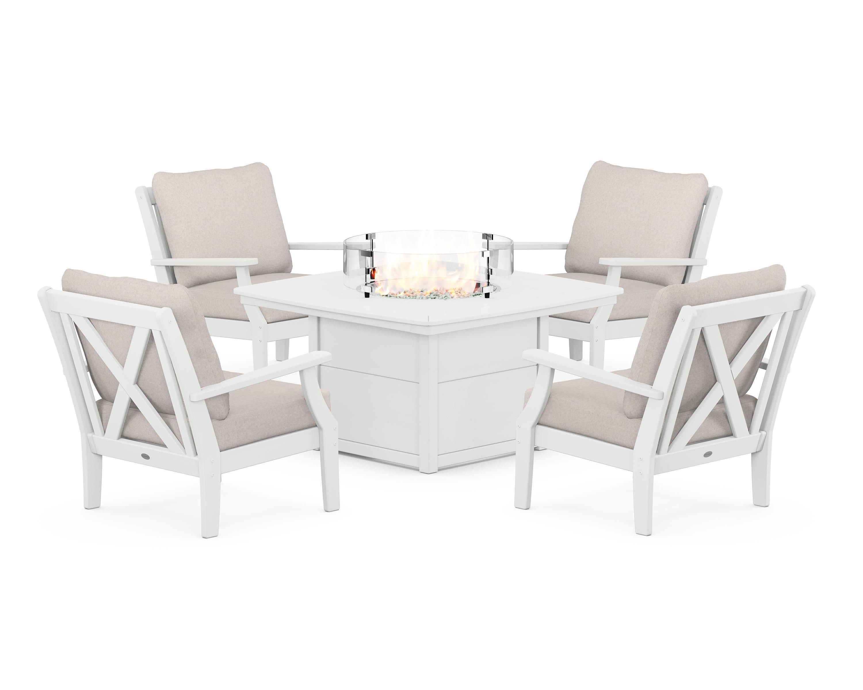 Braxton 5-Piece Deep Seating Conversation Set with Fire Pit Table in White / Dune Burlap