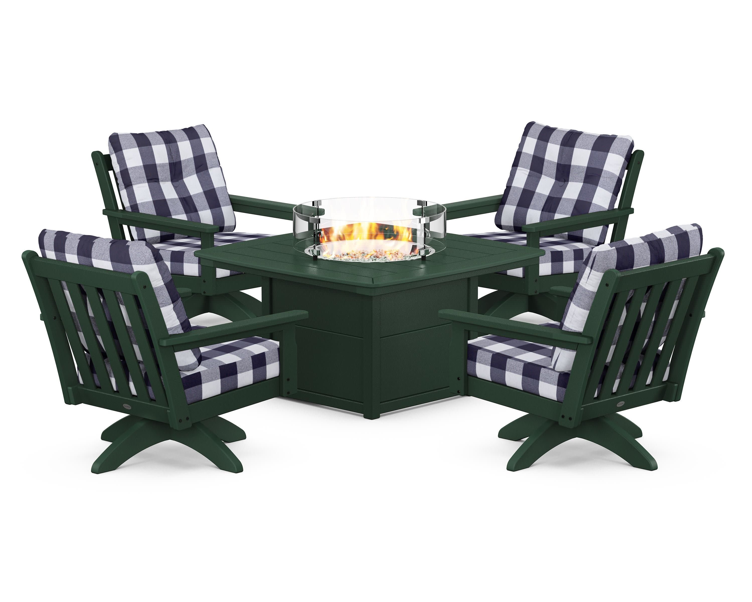 Vineyard 5-Piece Deep Seating Swivel Conversation Set with Fire Pit Table in Green / Buffalo Plaid Navy