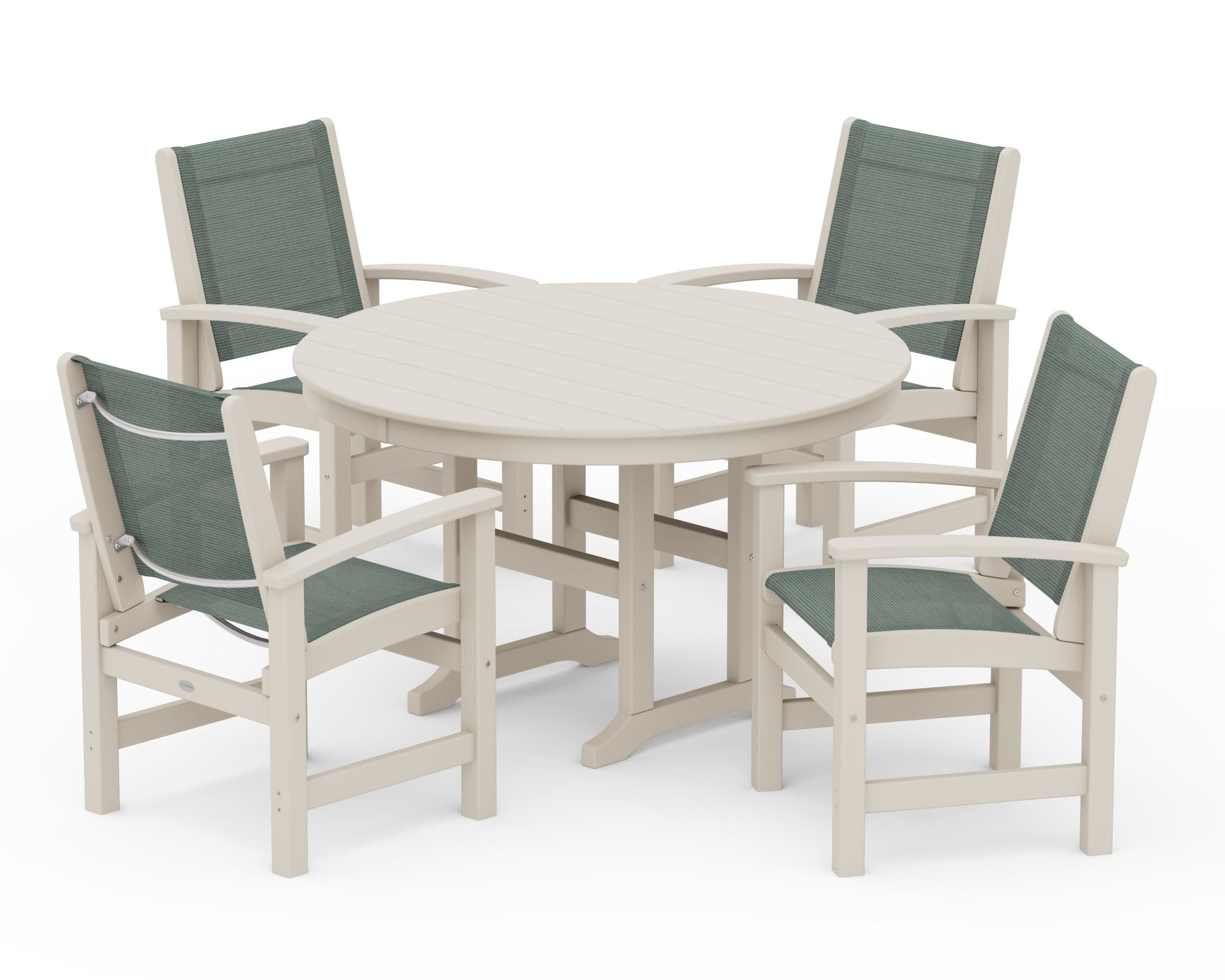 Coastal 5-Piece Round Farmhouse Dining Set in Sand / Dupioni Sea Mist Sling