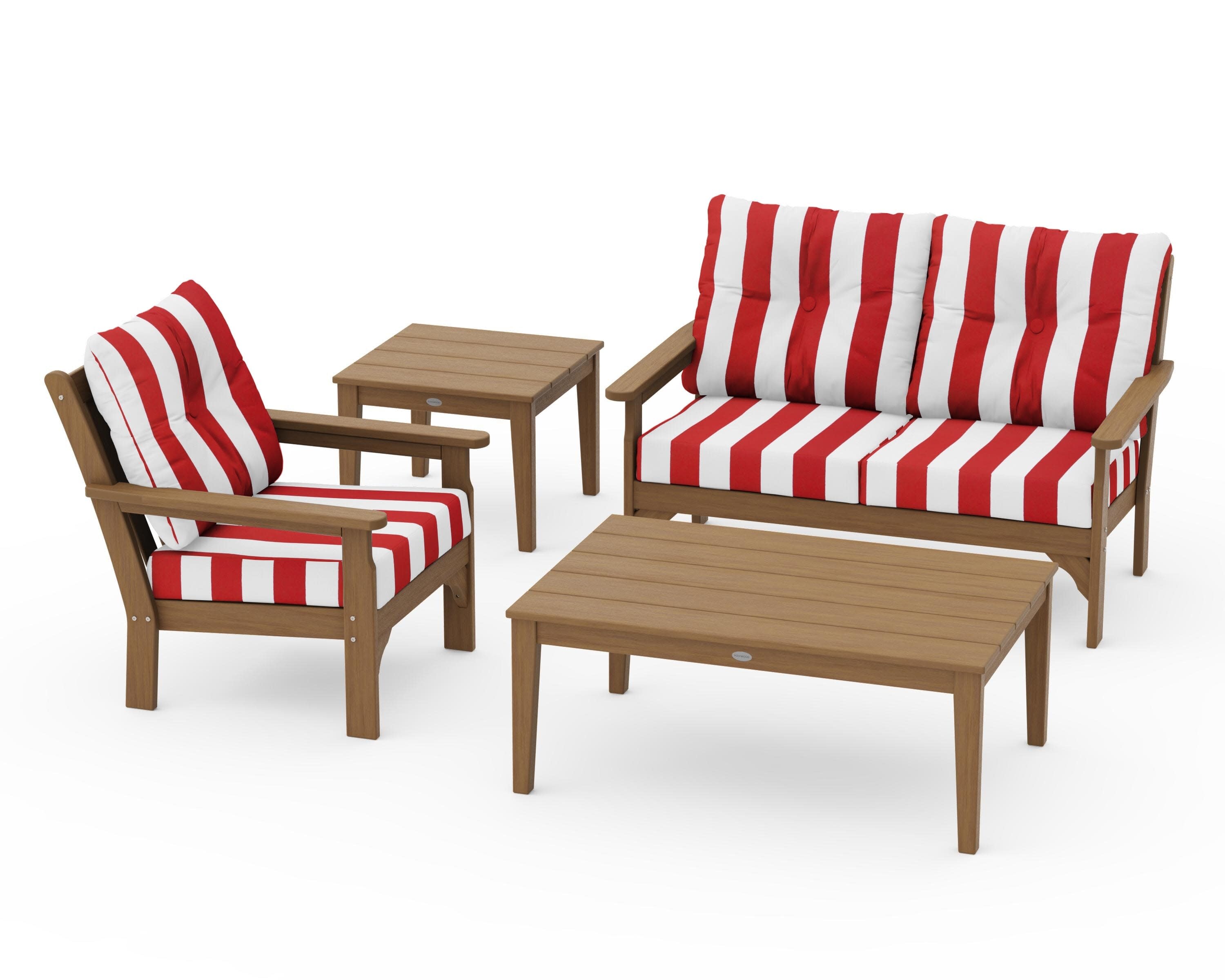 Vineyard 4-Piece Deep Seating Set in Natural / Cabana Stripe Crimson