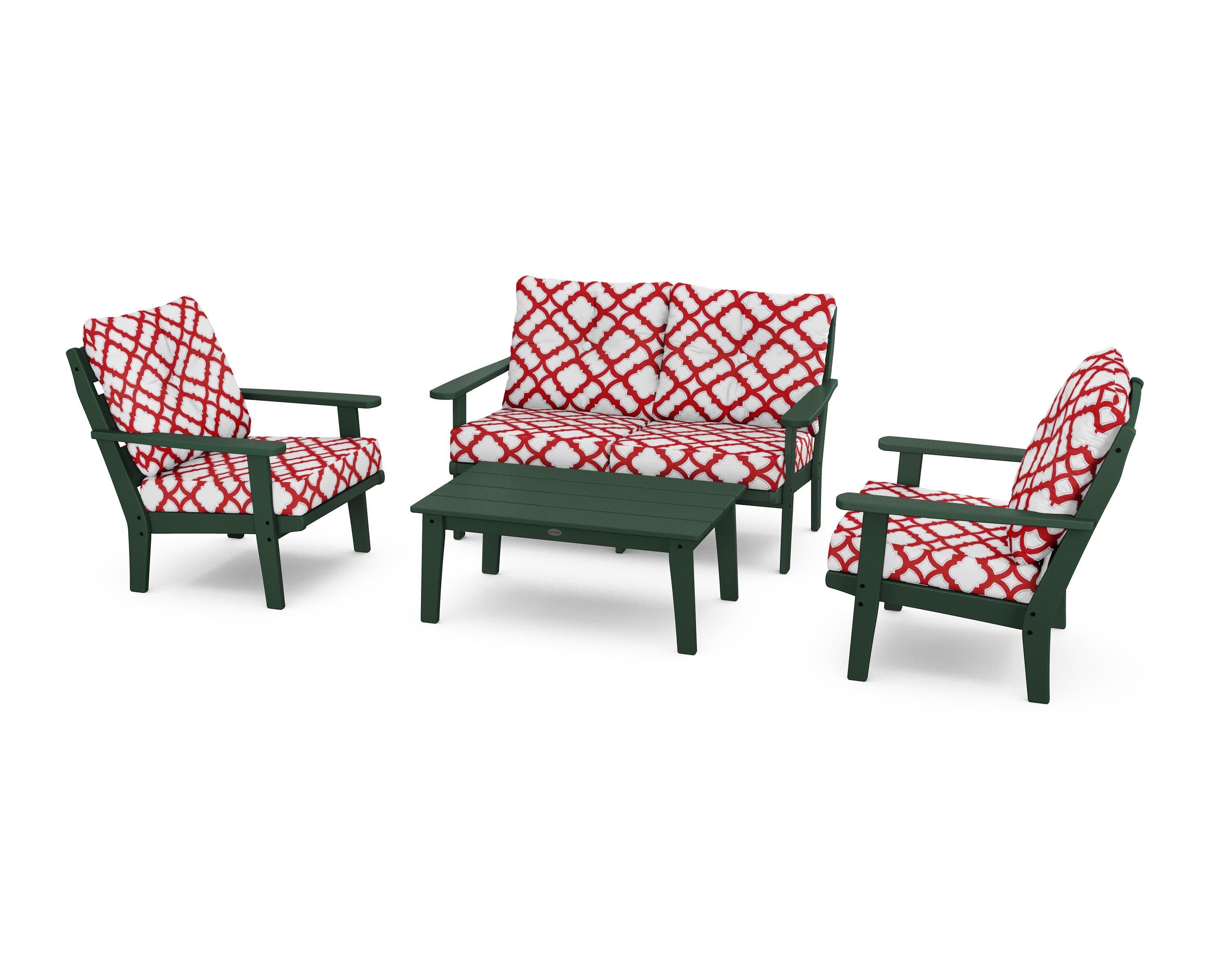 Lakeside 4-Piece Deep Seating Set in Green / Trellis Crimson