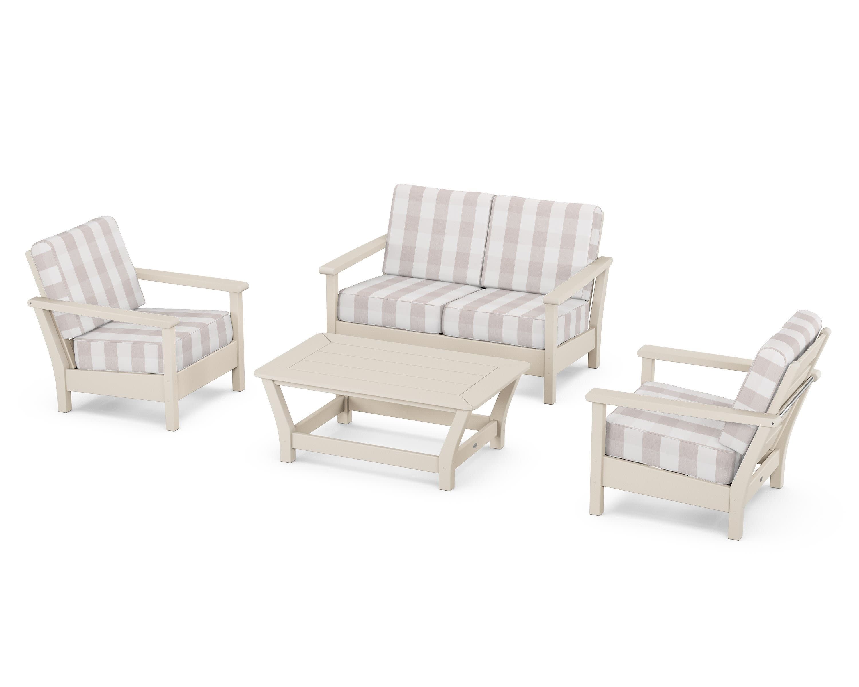 Harbour 4-Piece Deep Seating Set in Sand / Buffalo Plaid Dune Burlap