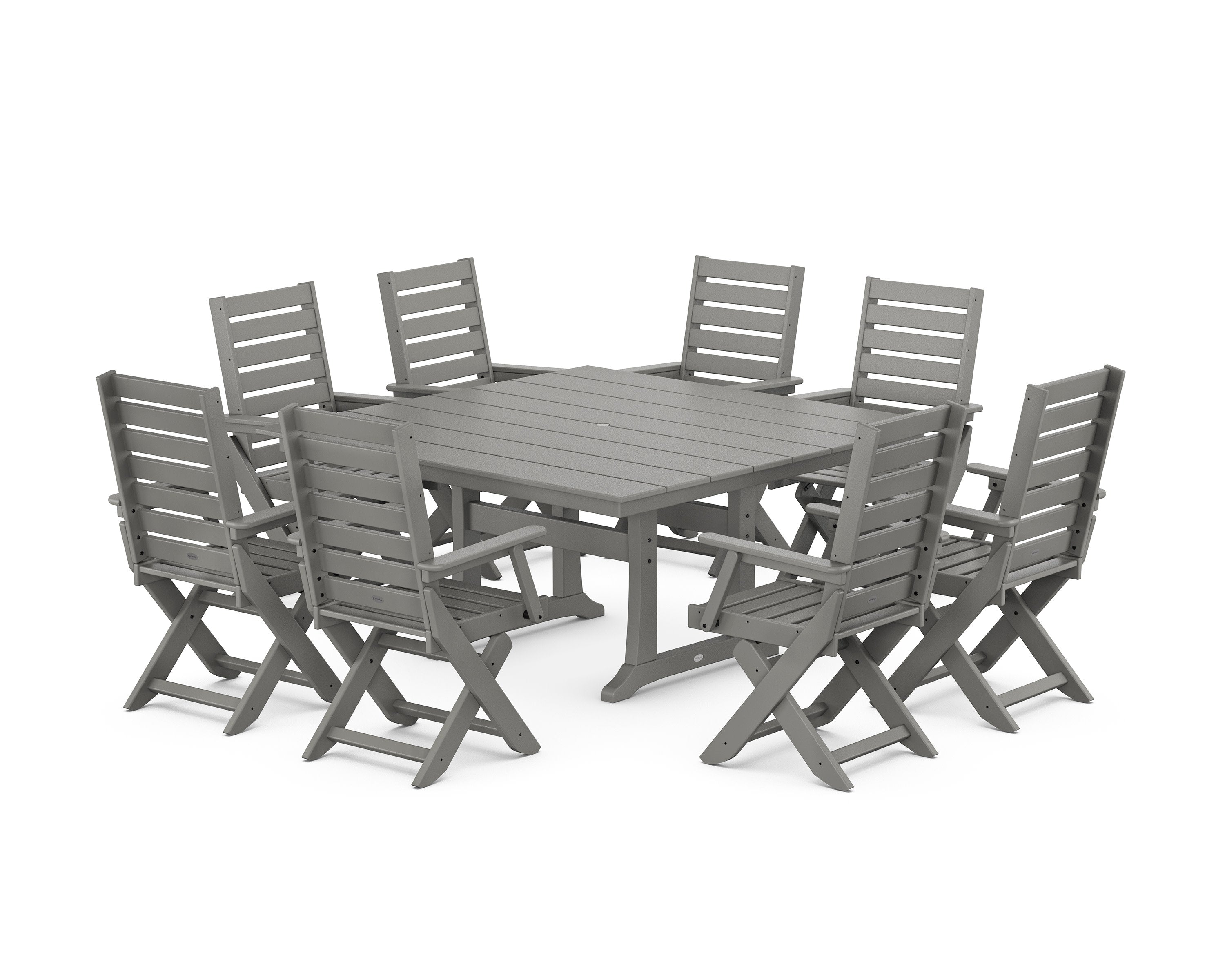 Captain Folding Chair 9-Piece Square Farmhouse Dining Set with Trestle Legs in Slate Grey