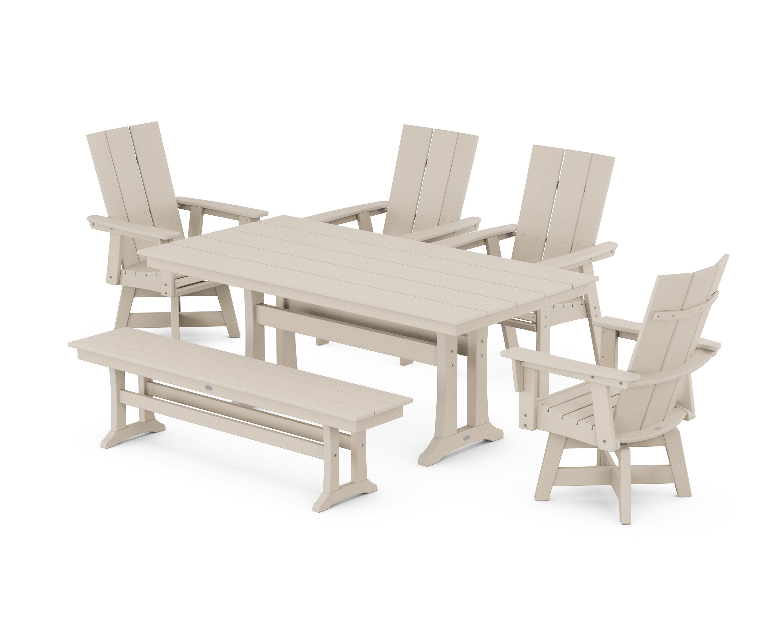 Modern Curveback Adirondack Swivel Chair 6-Piece Farmhouse Dining Set With Trestle Legs and Bench in Sand